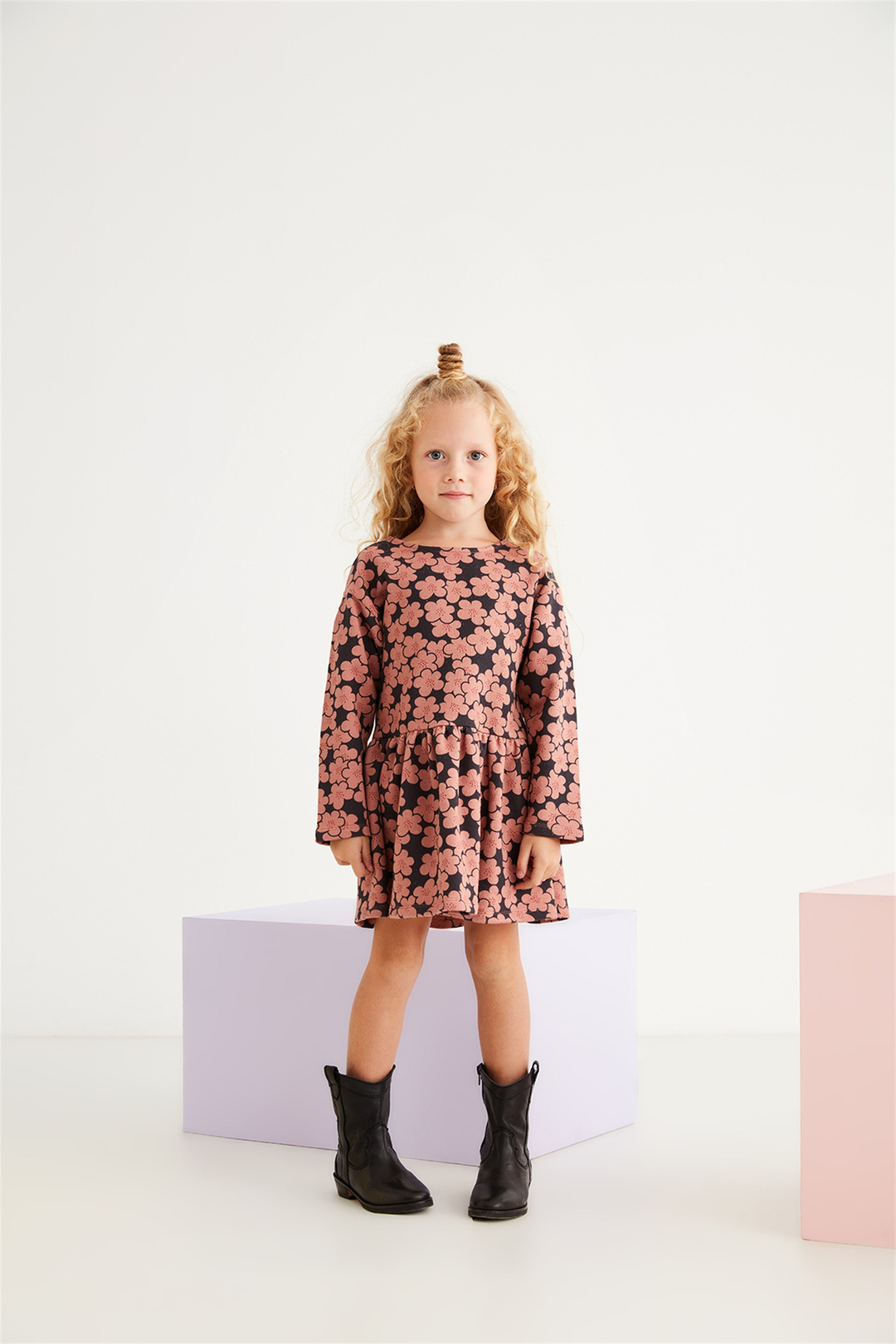 KIT Kız Çocuk Pembe Desenli Bisiklet Yaka Comfort Fit Elbise