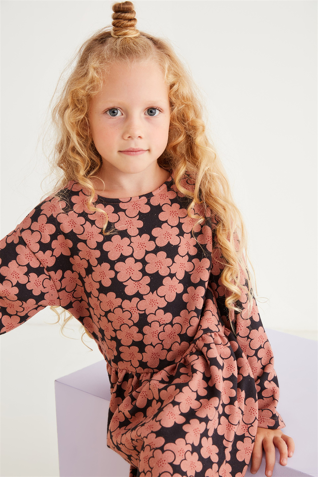 KIT Kız Çocuk Pembe Desenli Bisiklet Yaka Comfort Fit Elbise