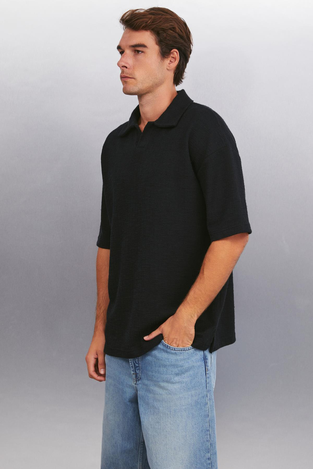 KLEDI Oversize Oversize Siyah Tekli Polo Yaka T-shirt