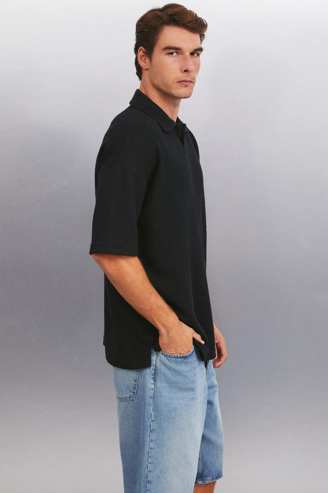 KLEDI Oversize Oversize Siyah Tekli Polo Yaka T-shirt