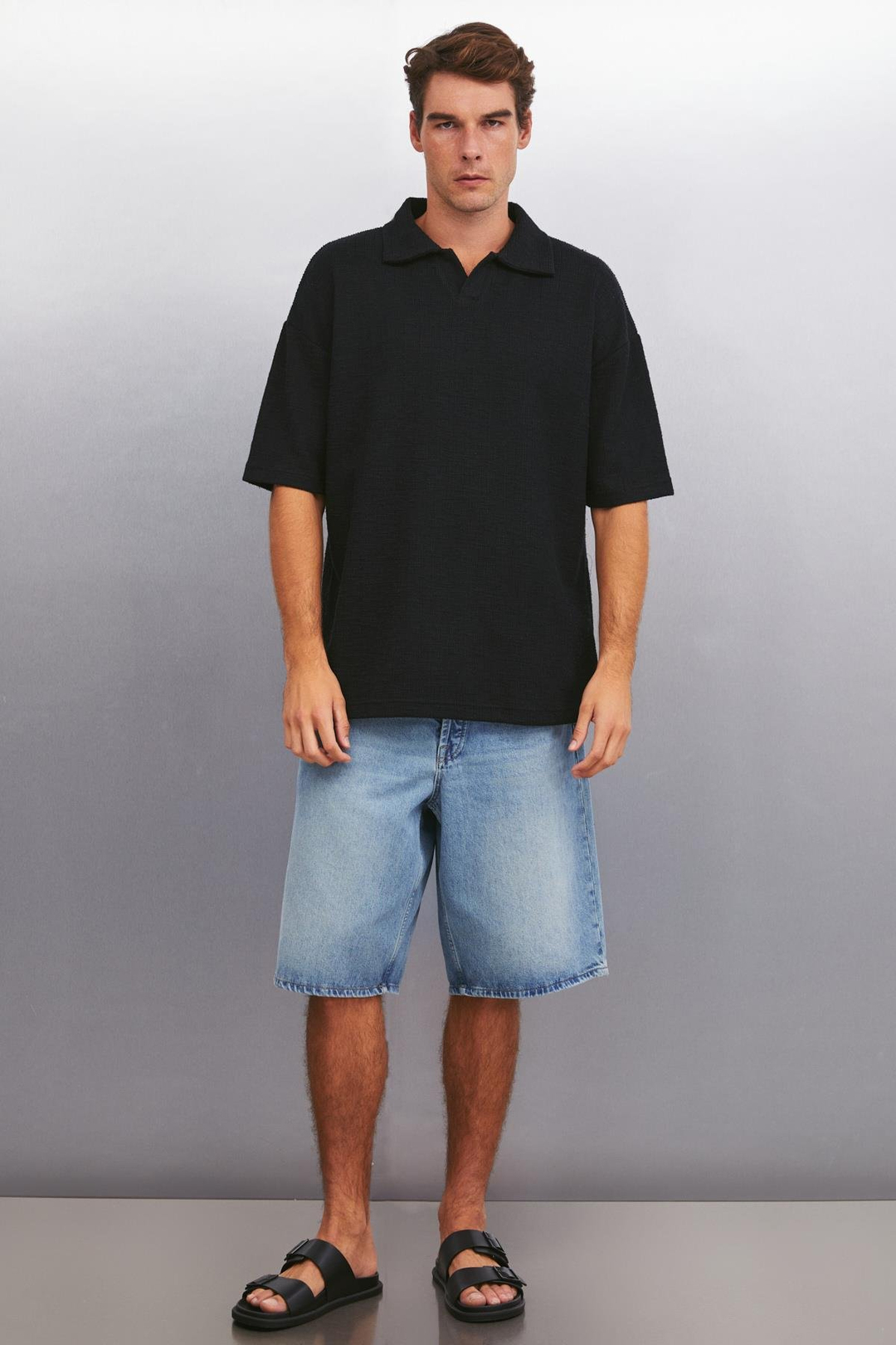 KLEDI Oversize Oversize Siyah Tekli Polo Yaka T-shirt