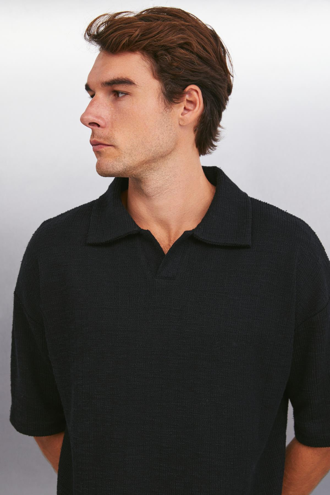 KLEDI Oversize Oversize Siyah Tekli Polo Yaka T-shirt