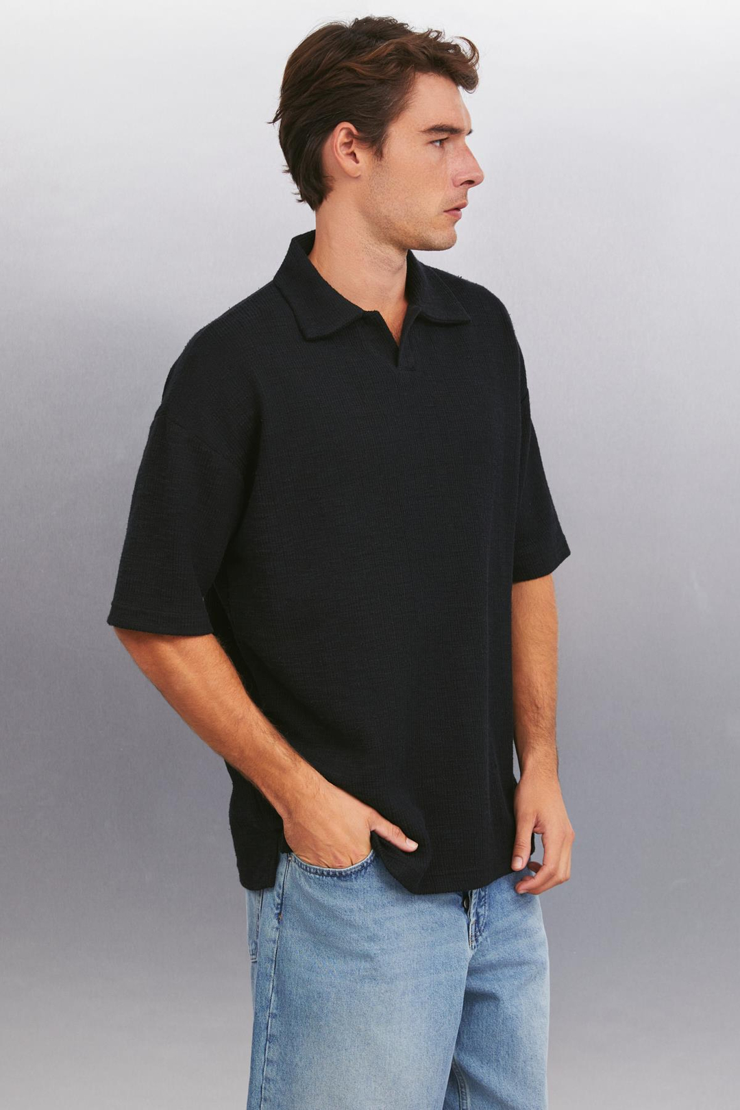 KLEDI Oversize Oversize Siyah Tekli Polo Yaka T-shirt