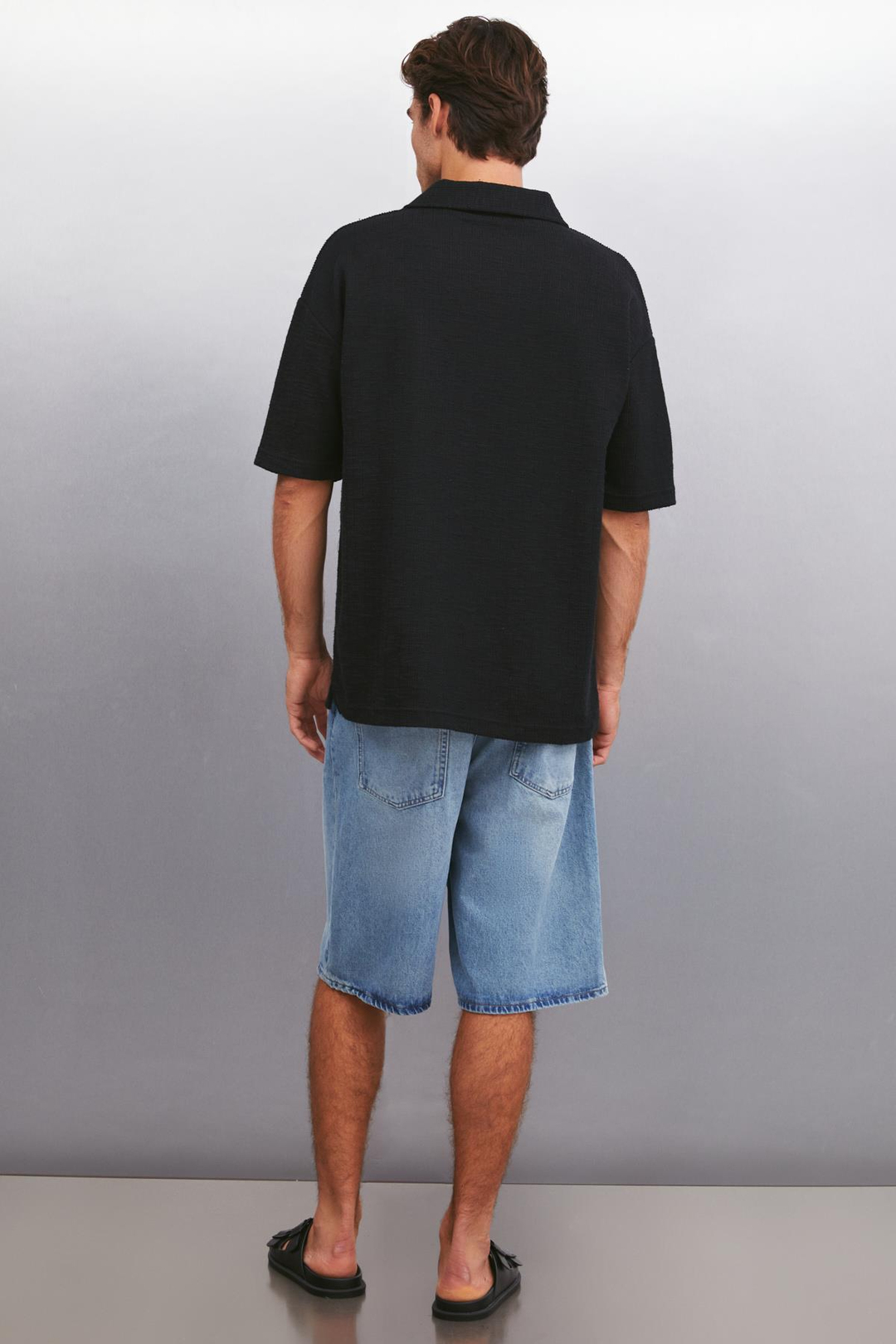 KLEDI Oversize Oversize Siyah Tekli Polo Yaka T-shirt
