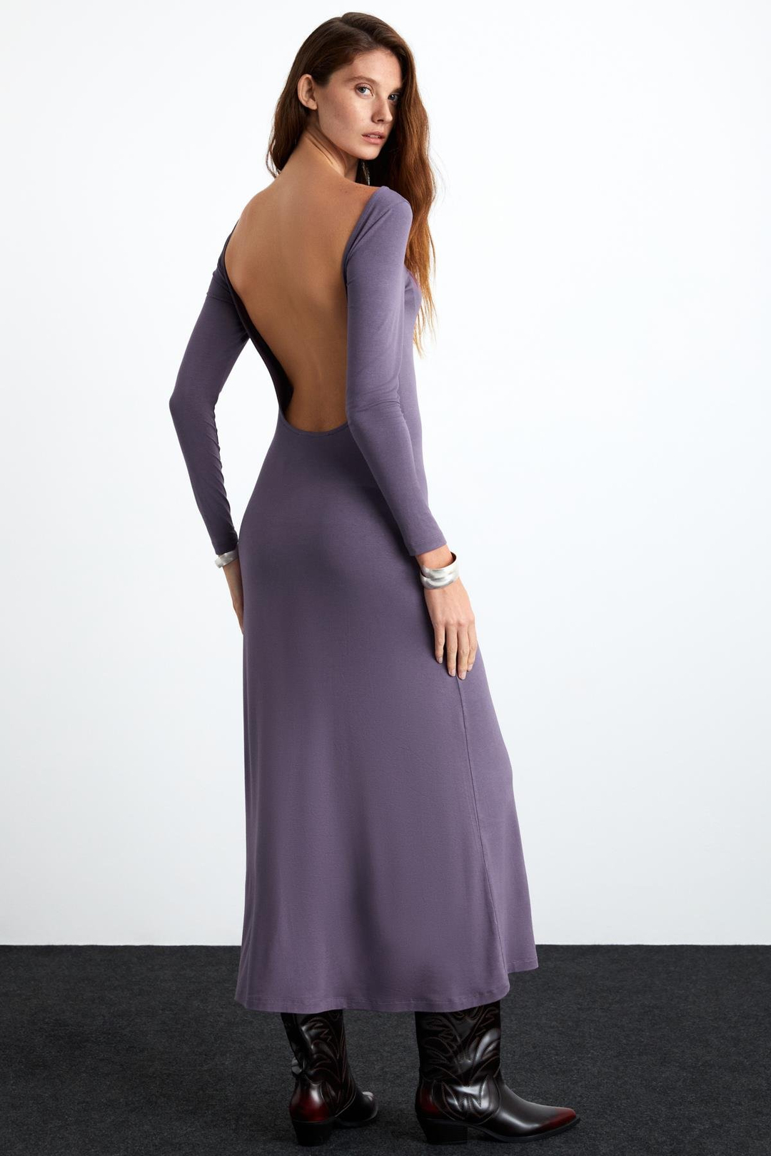 KRIZIA Kadın Viskon Karışımlı Kayık Yaka Slim Fit Mürdüm Elbise