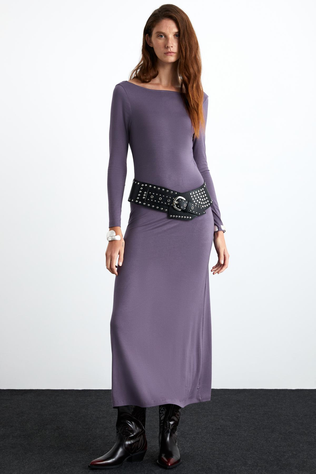 KRIZIA Kadın Viskon Karışımlı Kayık Yaka Slim Fit Mürdüm Elbise