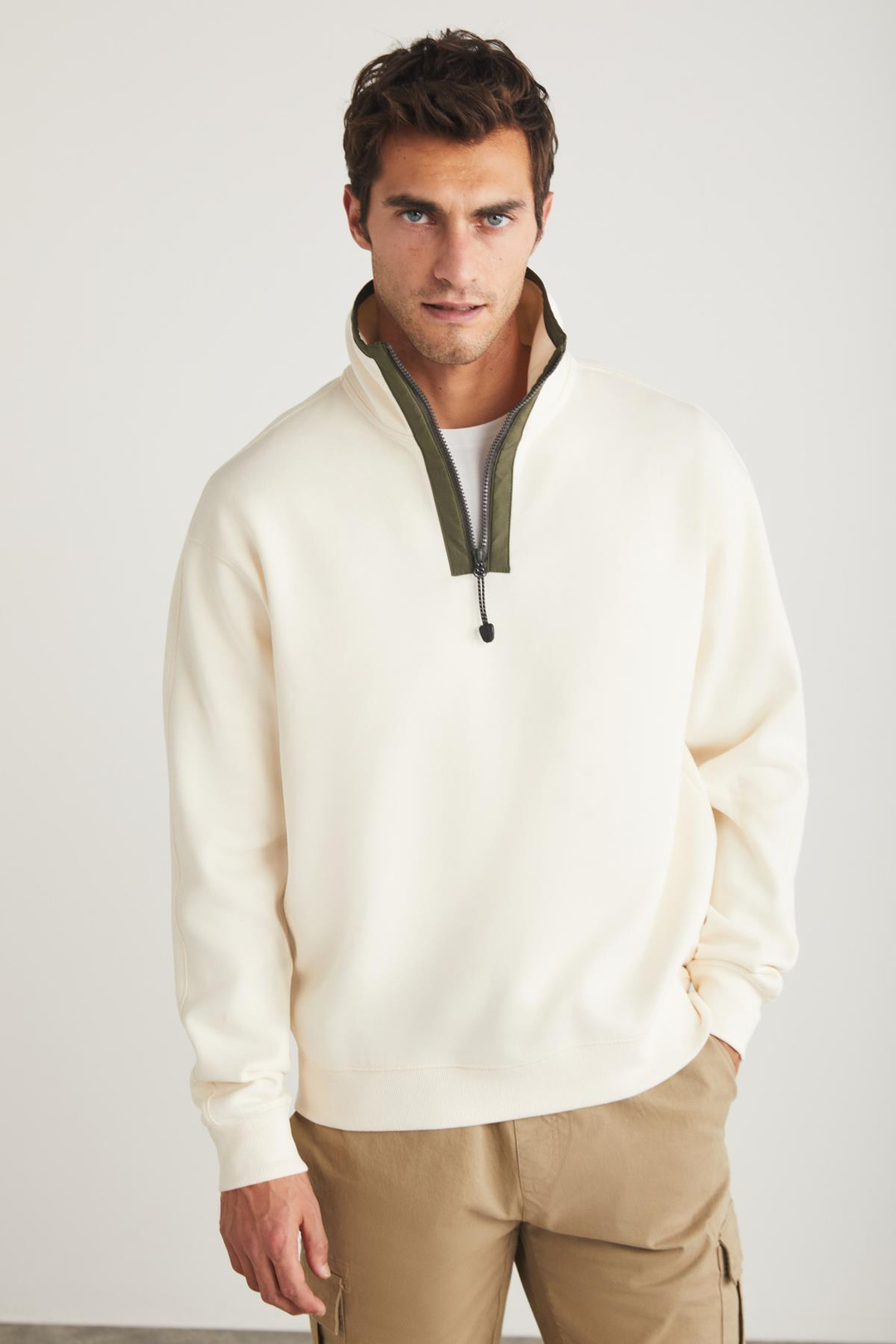 KRUISE Erkek Yarı Fermuarlı %100 Pamuk Ekru Sweatshirt
