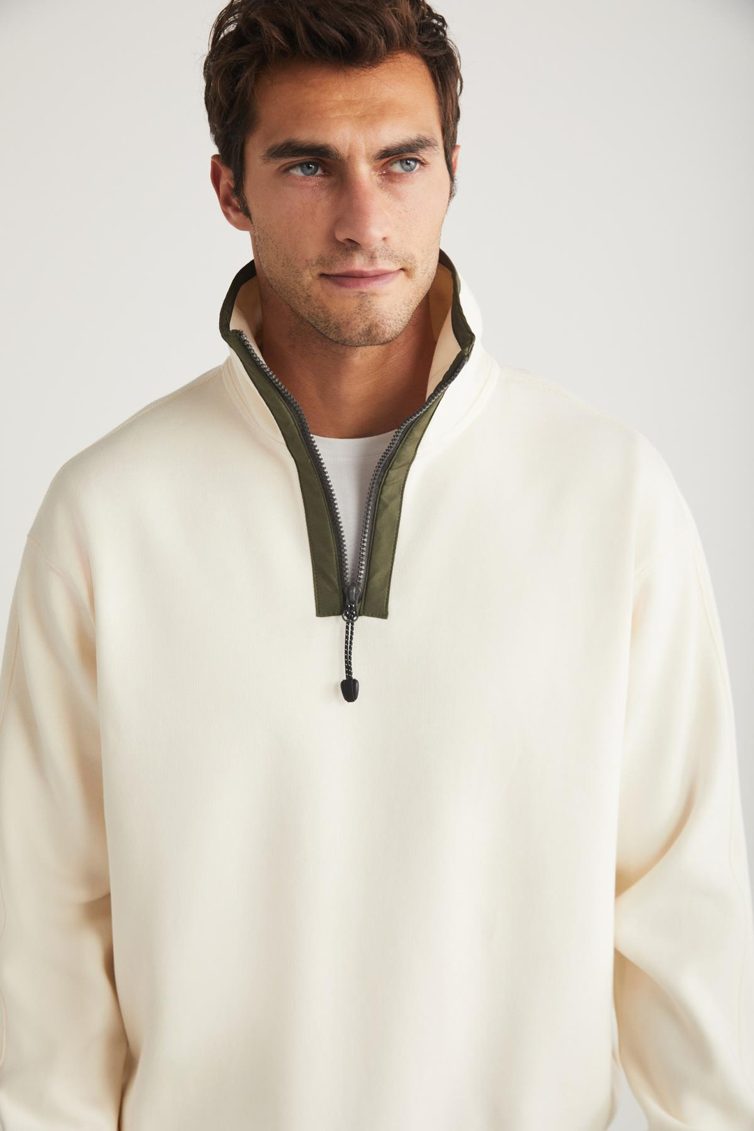 KRUISE Erkek Yarı Fermuarlı %100 Pamuk Ekru Sweatshirt