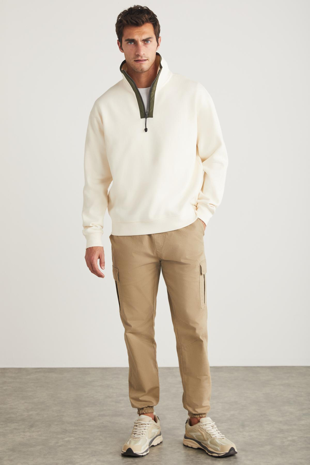 KRUISE Erkek Yarı Fermuarlı %100 Pamuk Ekru Sweatshirt