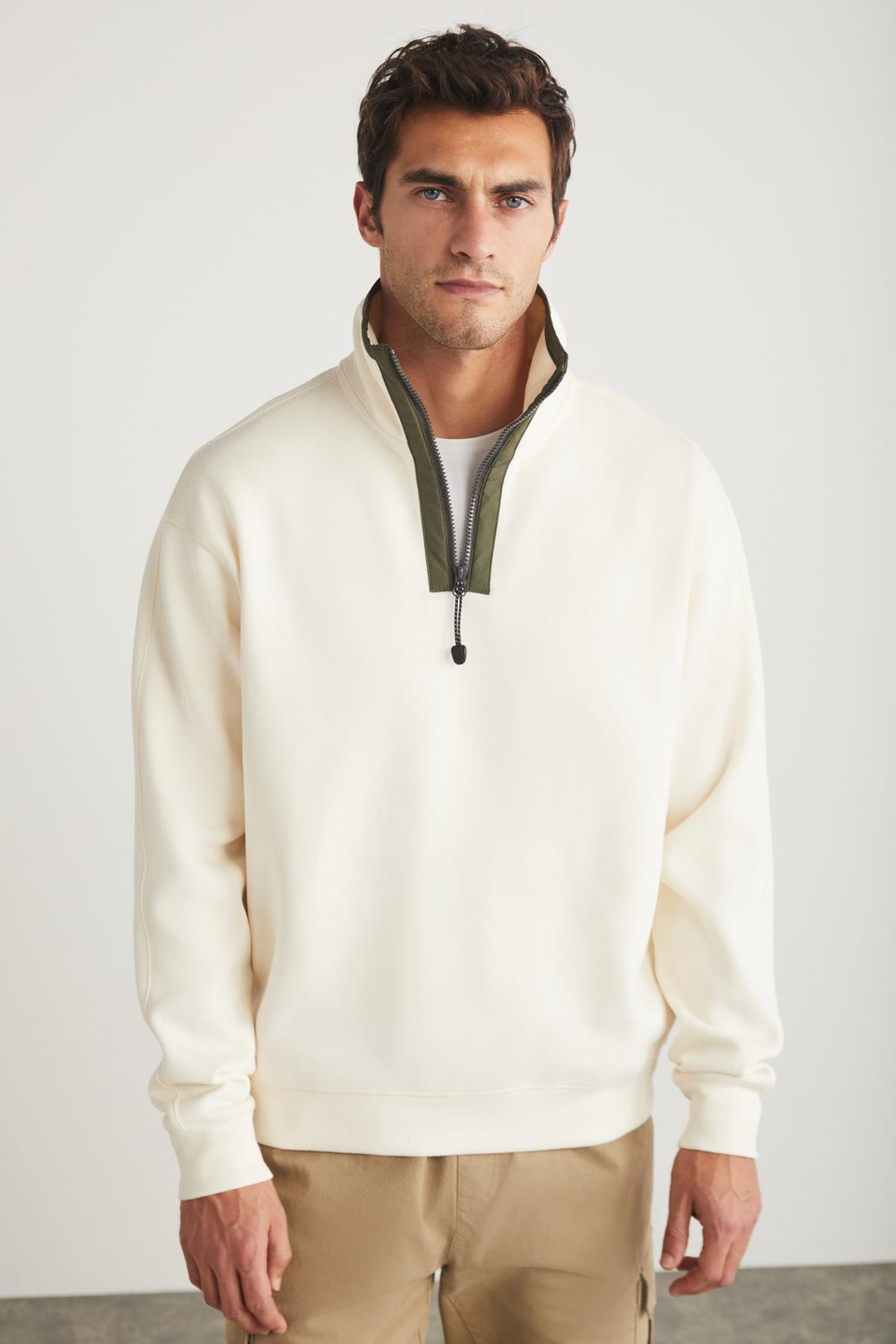 KRUISE Erkek Yarı Fermuarlı %100 Pamuk Ekru Sweatshirt