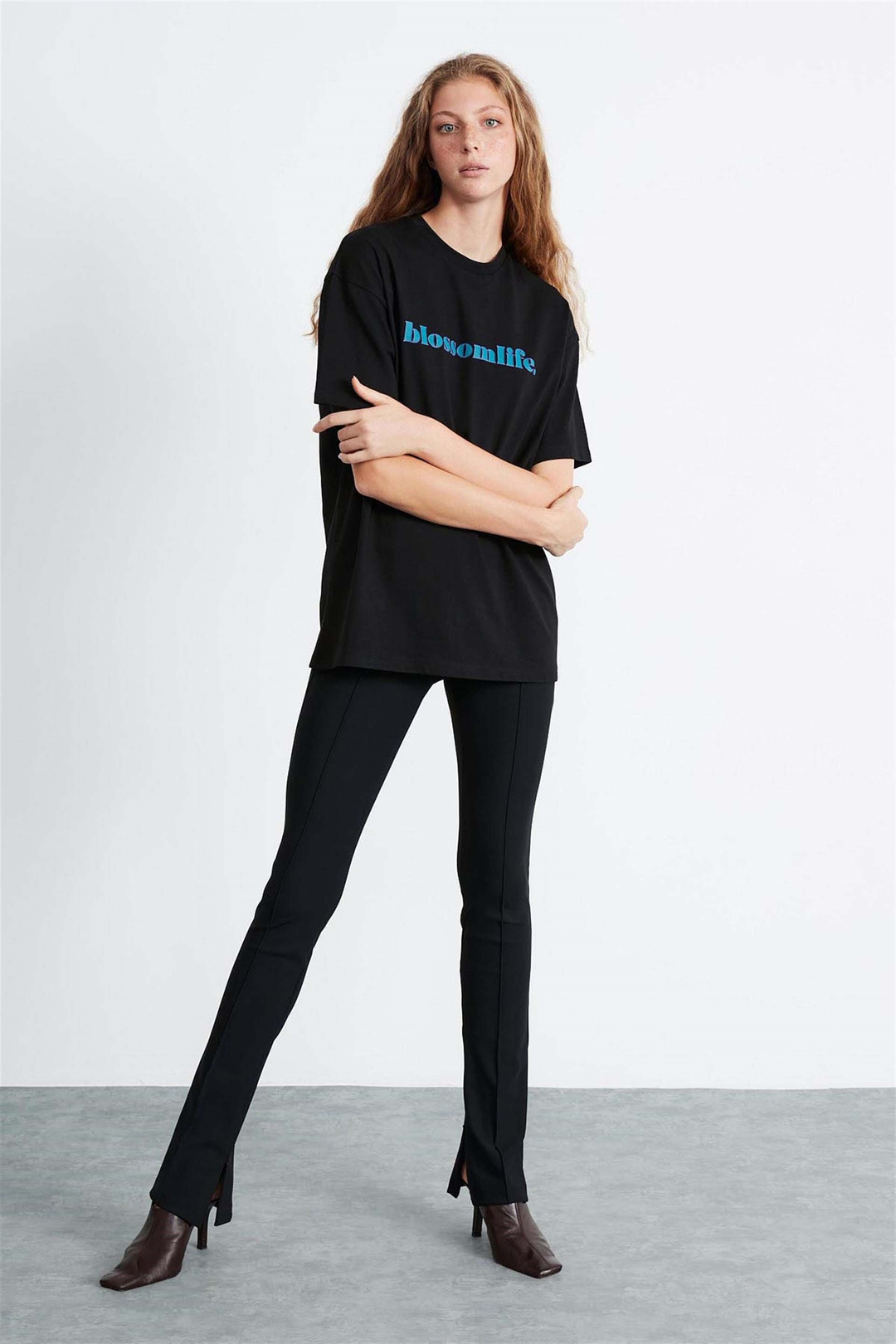 KYLIE Örme Oversize Siyah  T-Shirt