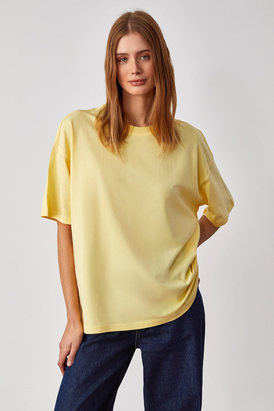 LAGERTHA Kadın %100 organik Pamuklu Kalın Dokulu Oversize Fit Yuvarlak Yakalı Sarı T-Shirt