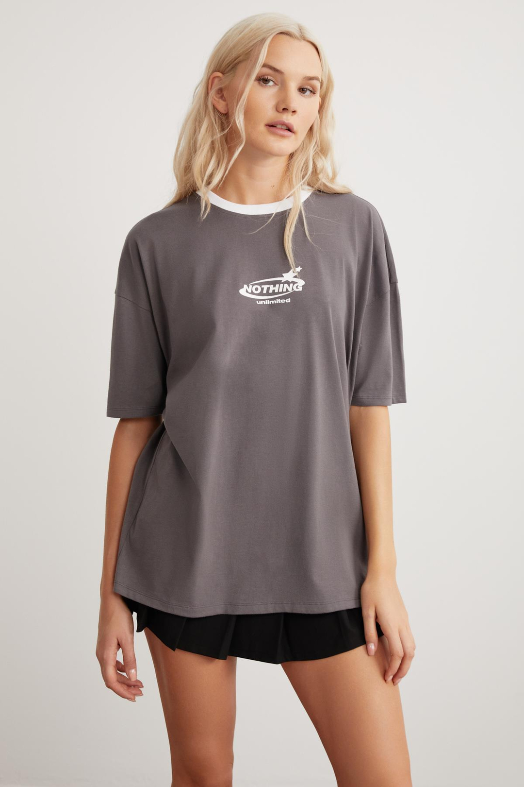 LARA  Slim Antrasit Tekli T-Shirt