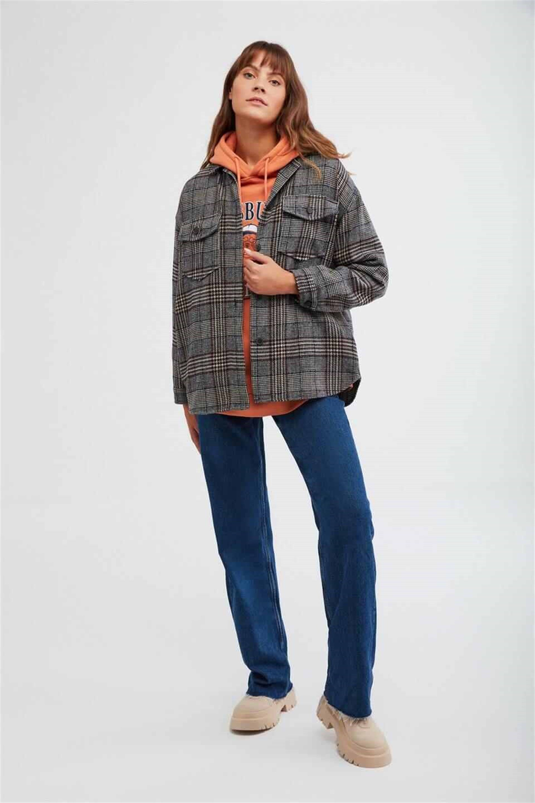LENA Kadın Kahverengi Desenli Gömlek Yaka Comfort Fit Gömlek