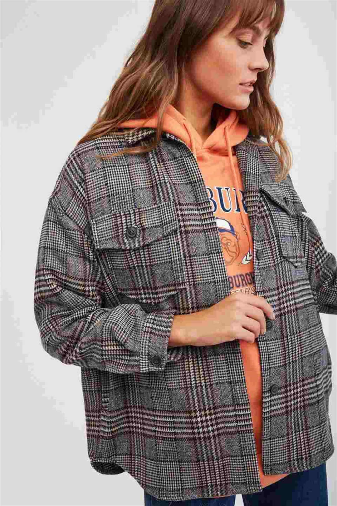 LENA Kadın Kahverengi Desenli Gömlek Yaka Comfort Fit Gömlek