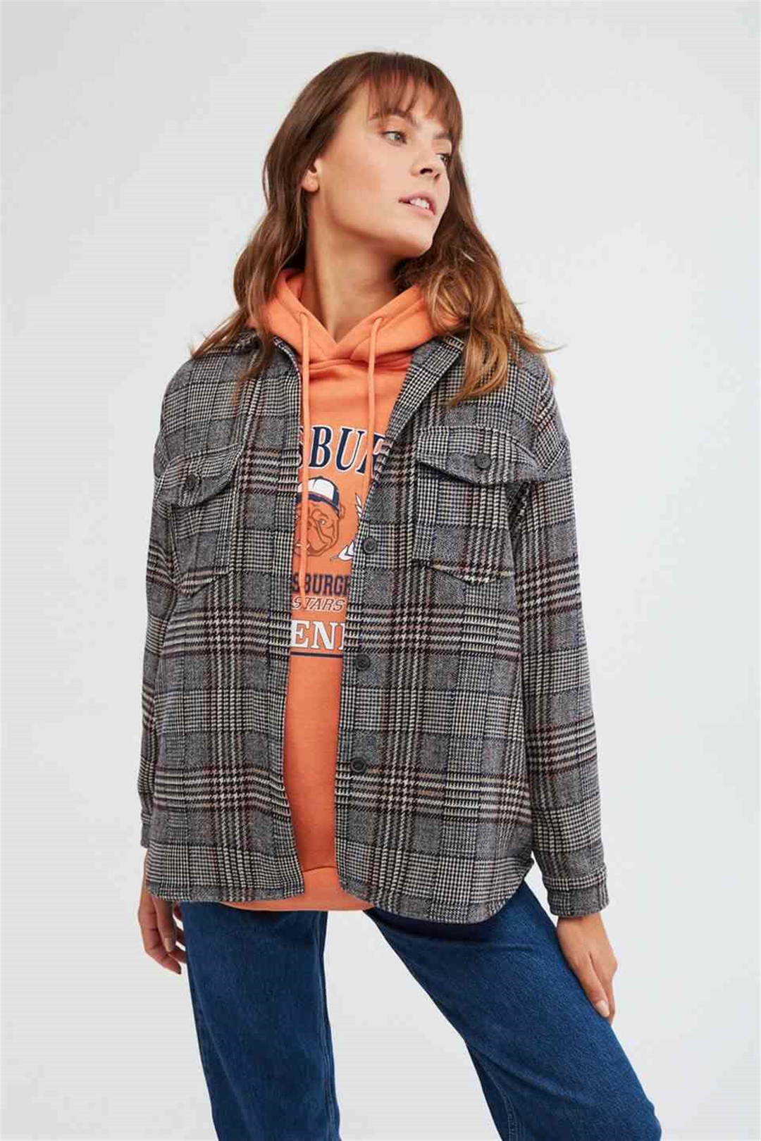 LENA Kadın Kahverengi Desenli Gömlek Yaka Comfort Fit Gömlek