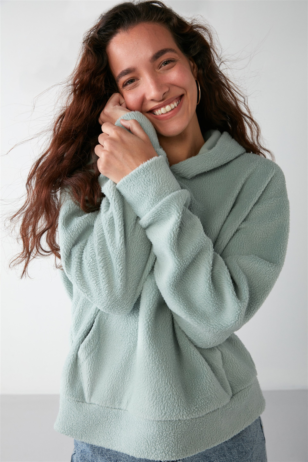 LENORA Dokuma Oversize Mint Yeşil Tekli Sweatshirt