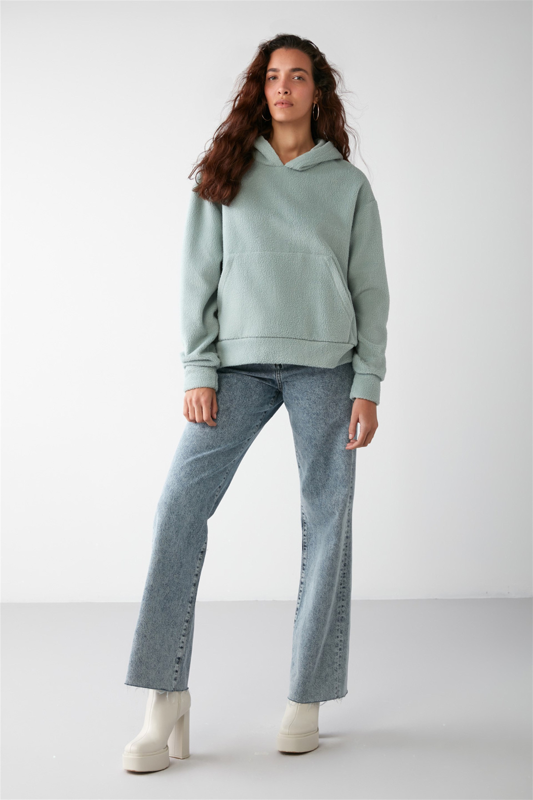 LENORA Dokuma Oversize Mint Yeşil Tekli Sweatshirt