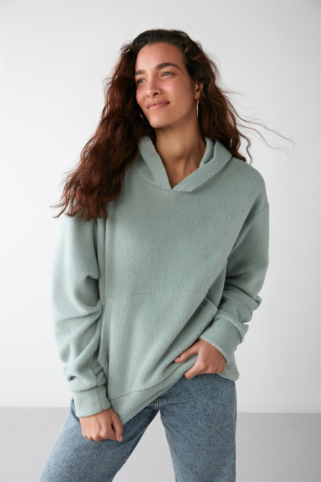 LENORA Dokuma Oversize Mint Yeşil Tekli Sweatshirt