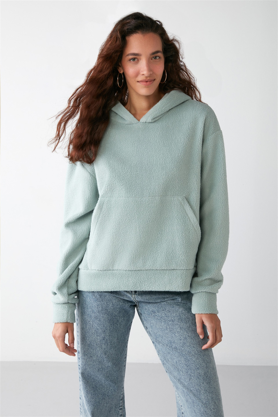 LENORA Dokuma Oversize Mint Yeşil Tekli Sweatshirt