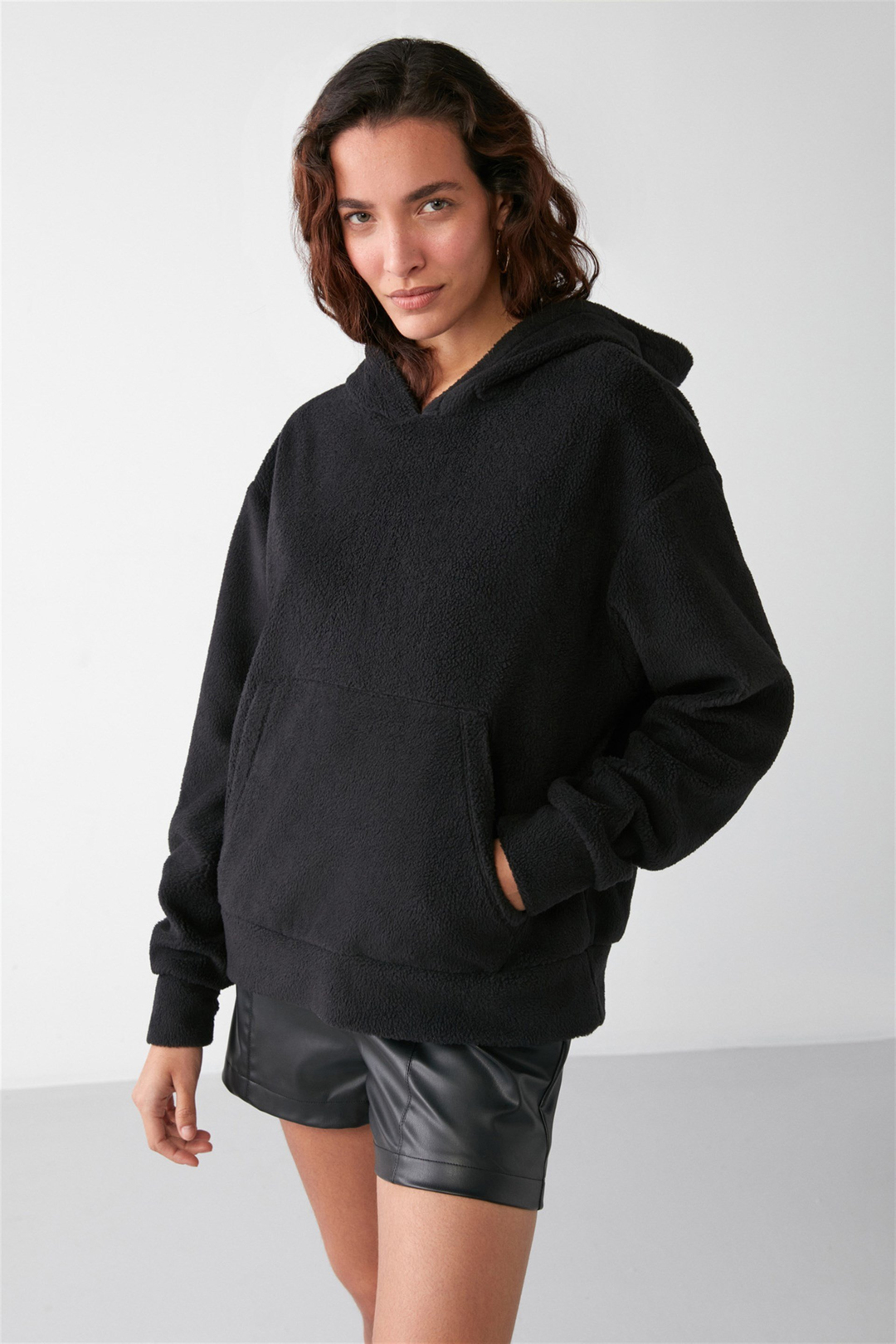LENORA Dokuma Oversize Siyah Tekli Sweatshirt