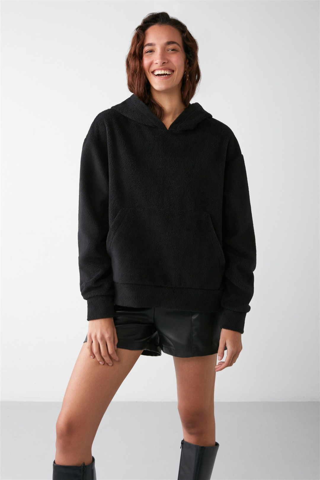 LENORA Dokuma Oversize Siyah Tekli Sweatshirt