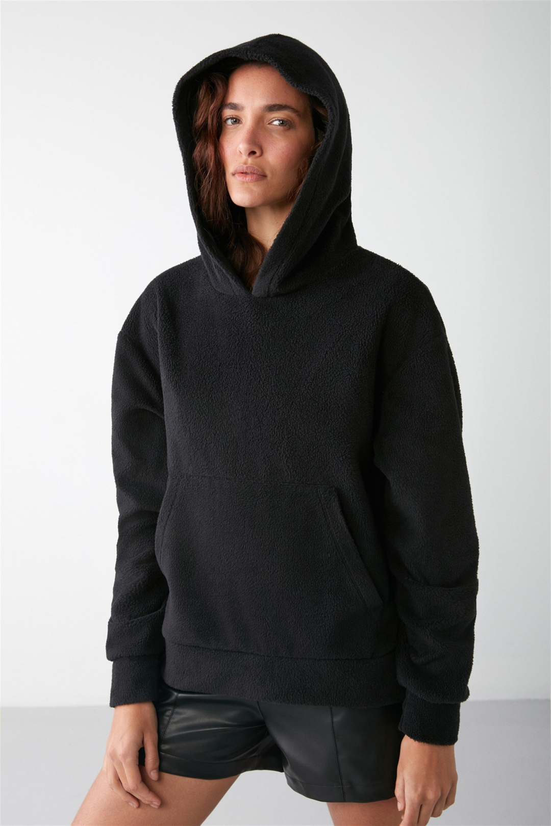 LENORA Dokuma Oversize Siyah Tekli Sweatshirt