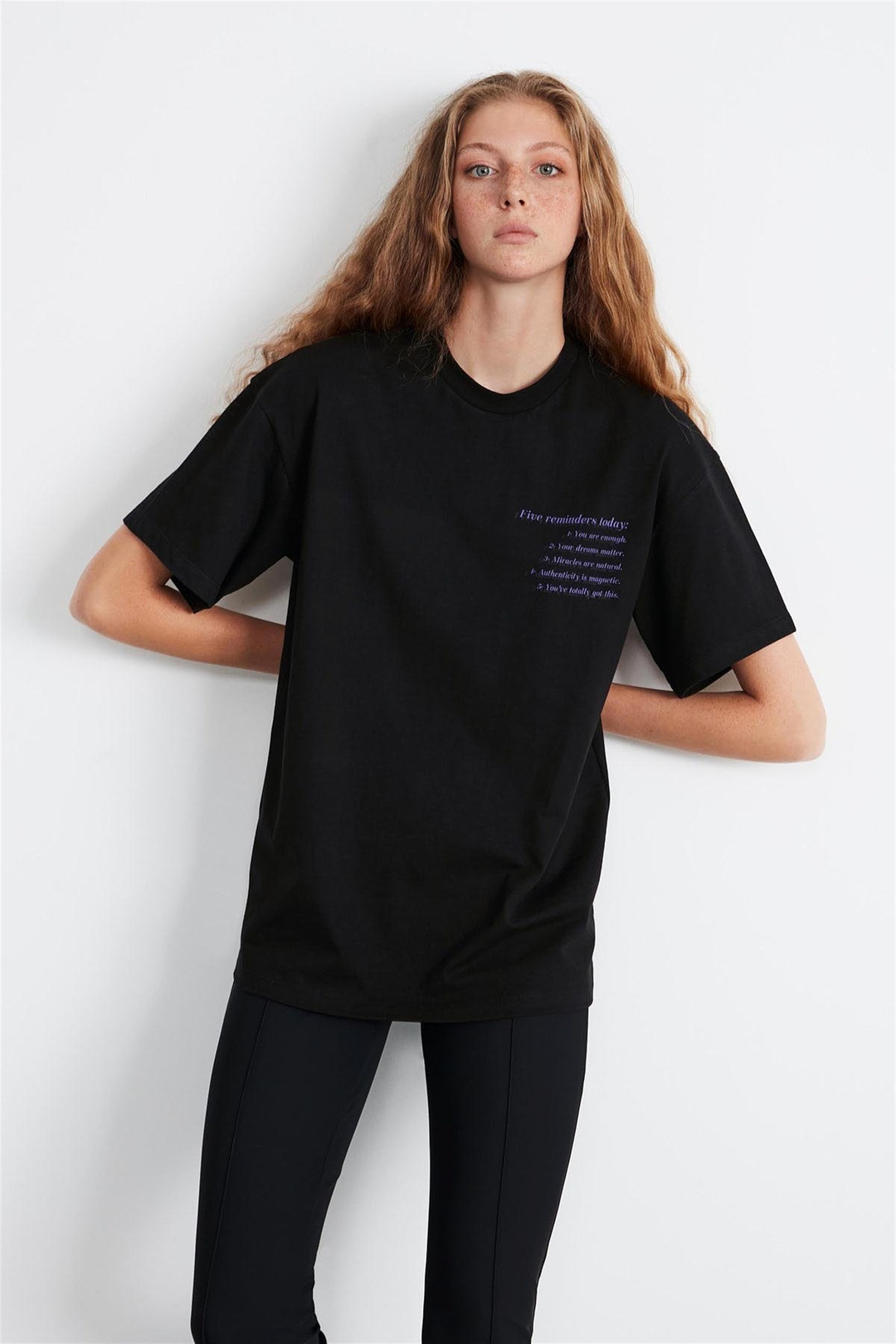 LILY Kadın Siyah Baskılı Yuvarlak Yaka Oversize T-Shirt