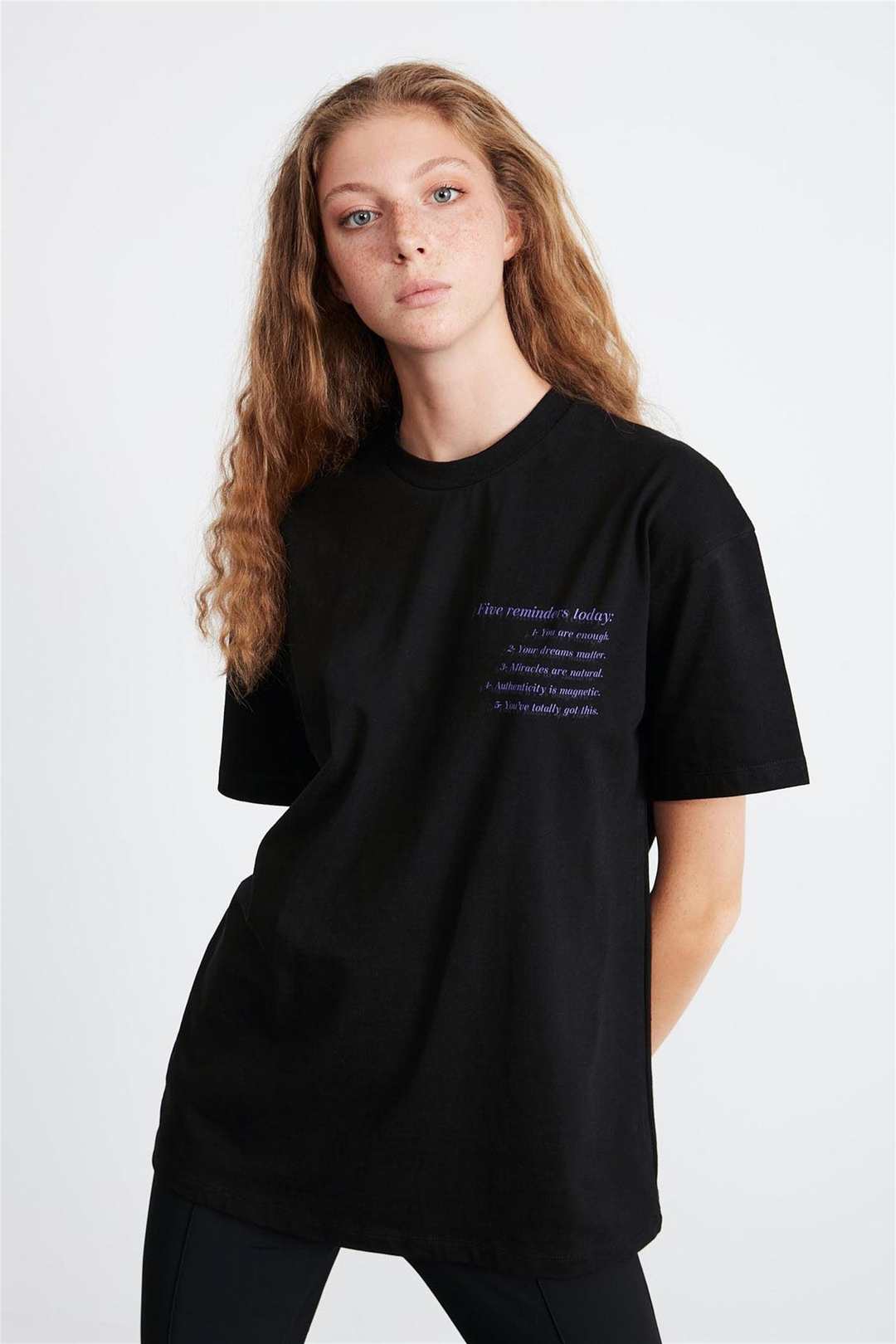 LILY Kadın Siyah Baskılı Yuvarlak Yaka Oversize T-Shirt