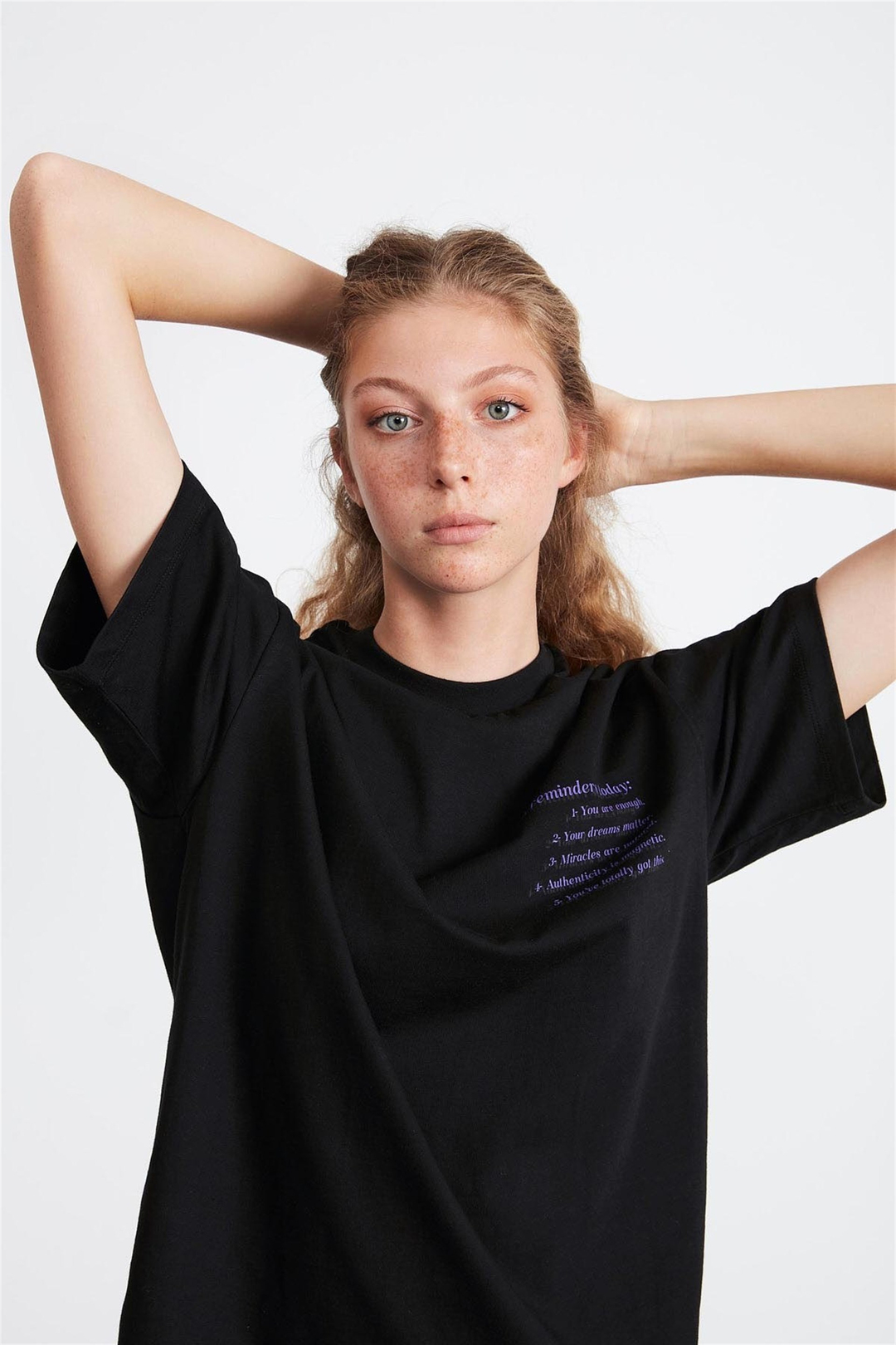 LILY Kadın Siyah Baskılı Yuvarlak Yaka Oversize T-Shirt