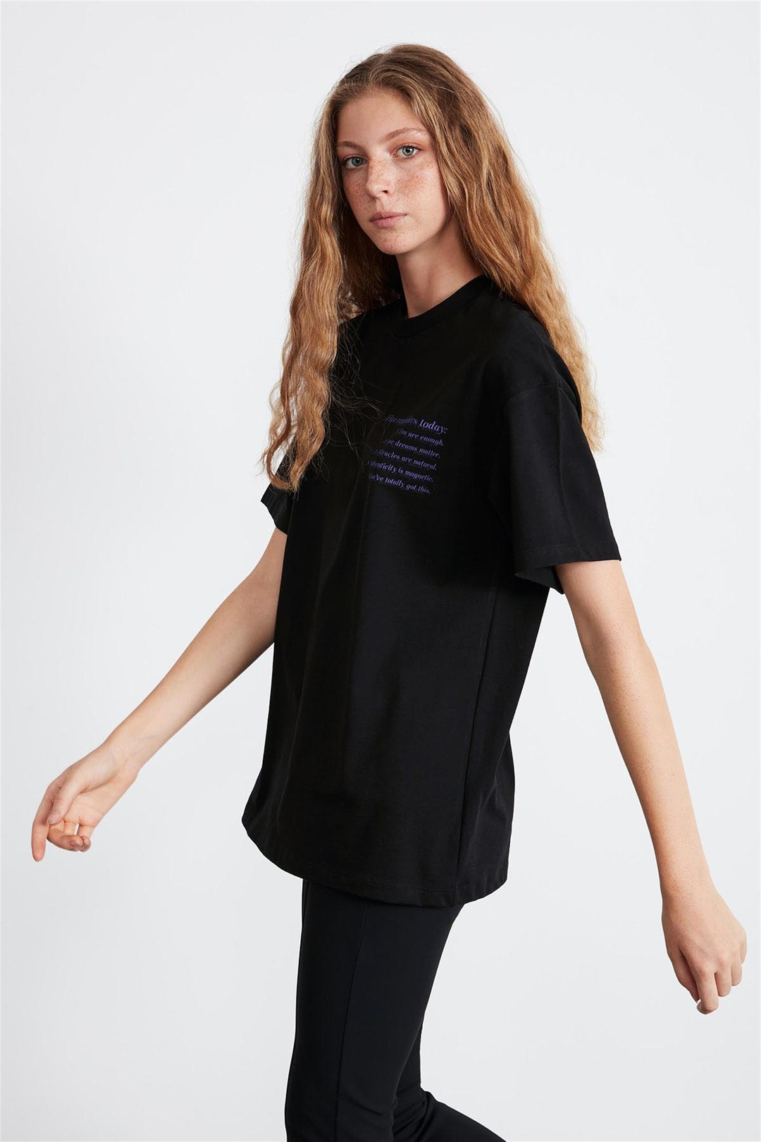 LILY Kadın Siyah Baskılı Yuvarlak Yaka Oversize T-Shirt