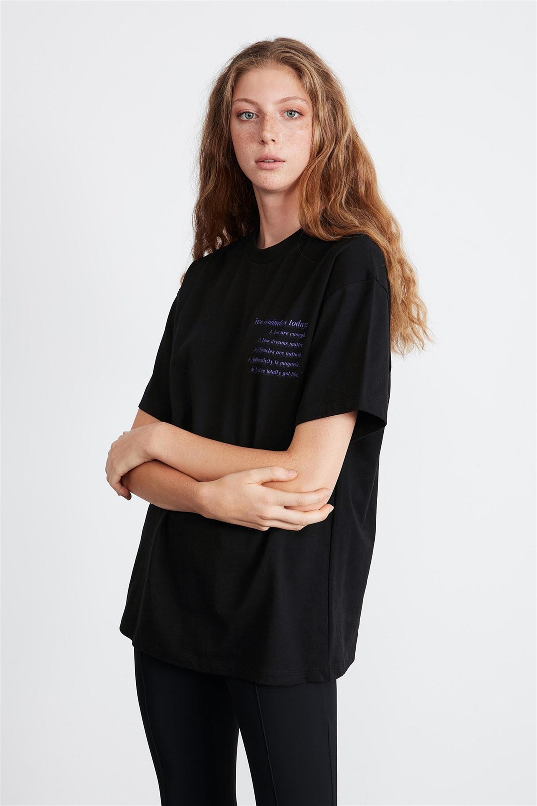 LILY Kadın Siyah Baskılı Yuvarlak Yaka Oversize T-Shirt