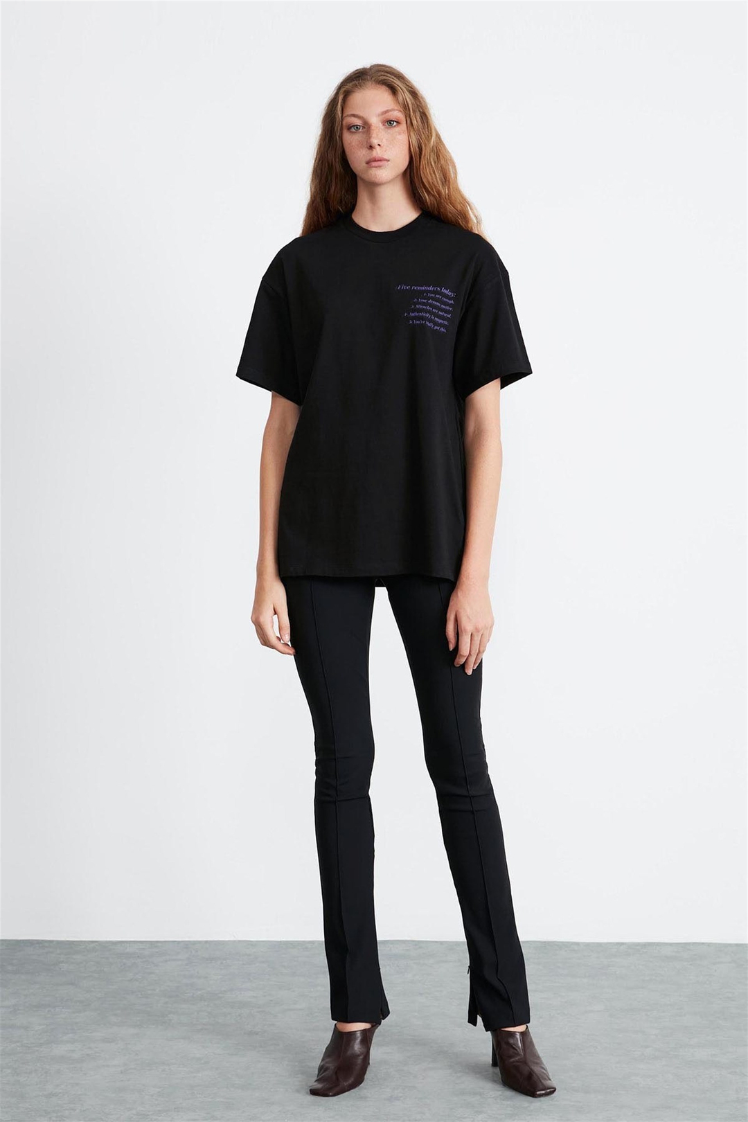 LILY Kadın Siyah Baskılı Yuvarlak Yaka Oversize T-Shirt