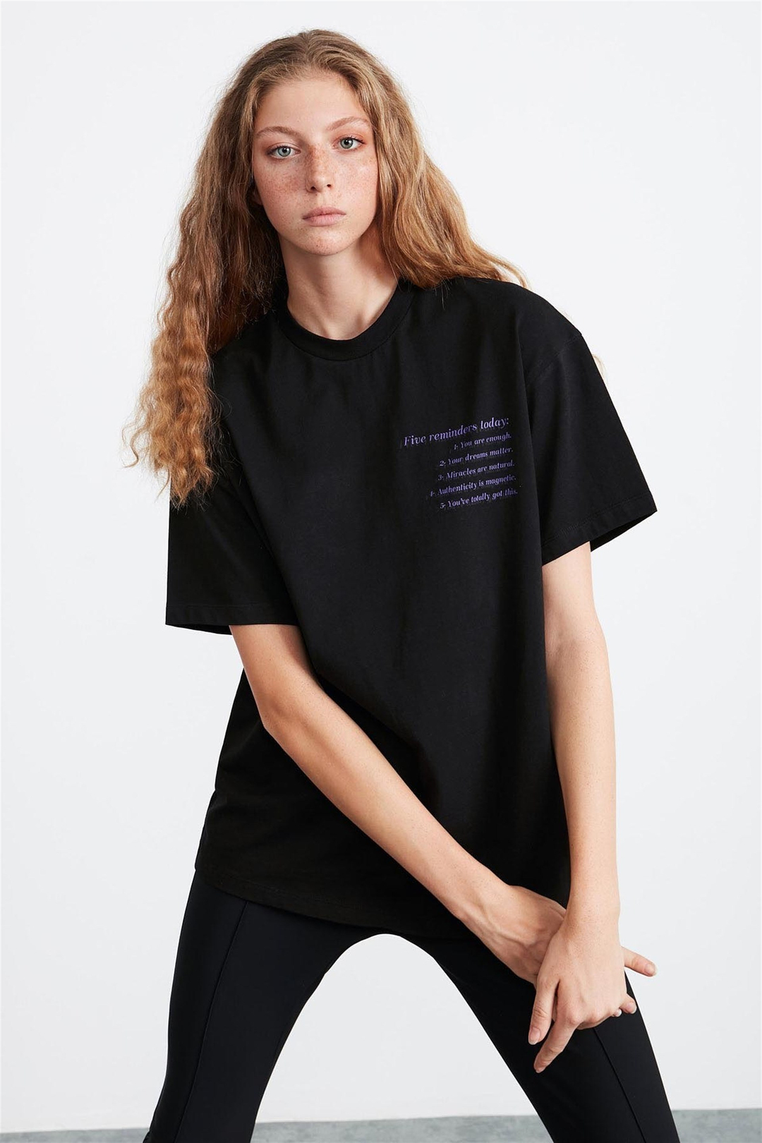 LILY Kadın Siyah Baskılı Yuvarlak Yaka Oversize T-Shirt