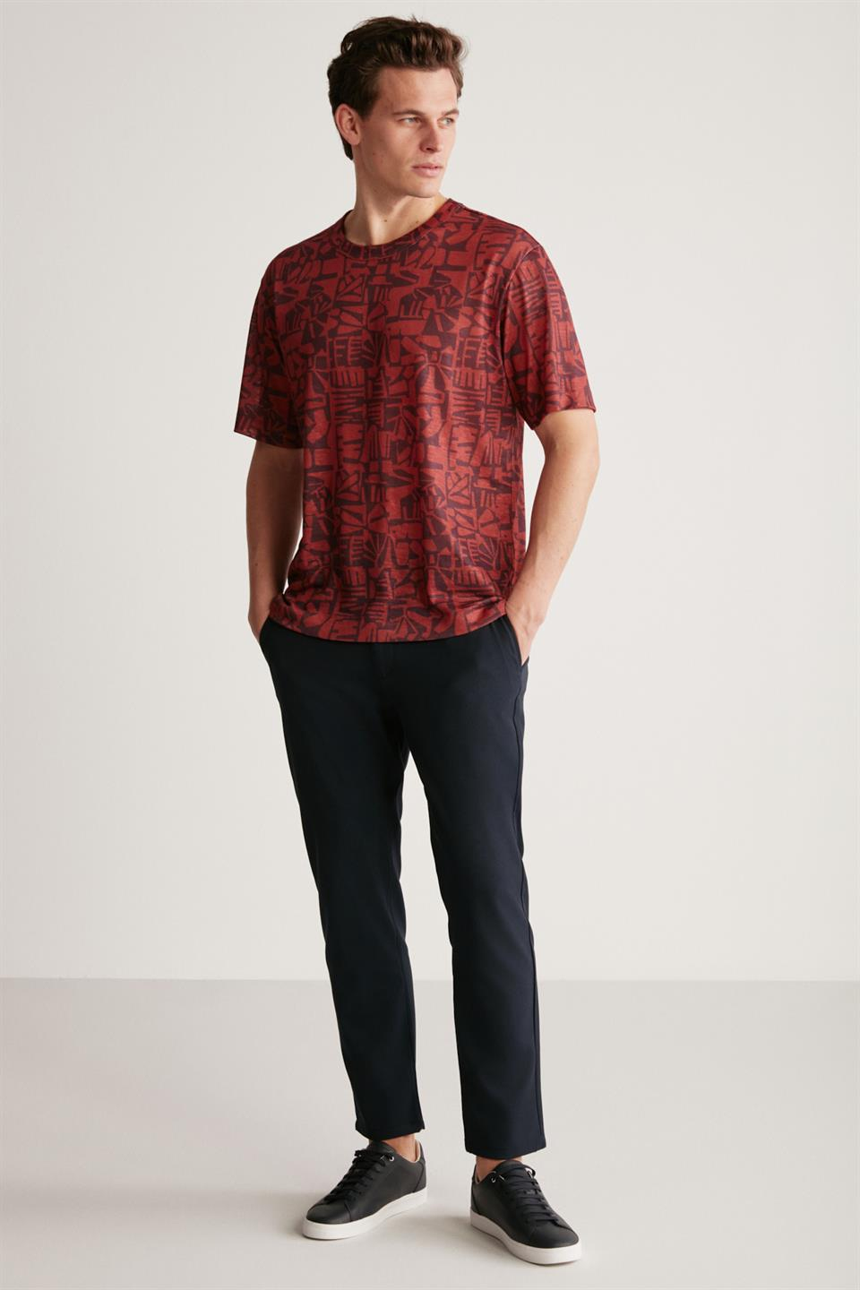 LUCAS Örme Regular Bordo - Desenli Tekli T-Shirt