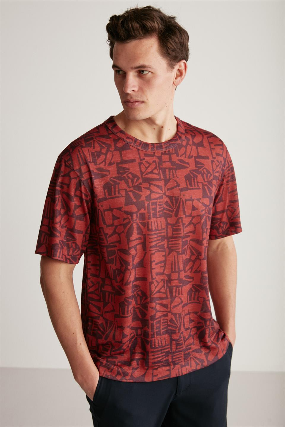 LUCAS Örme Regular Bordo - Desenli Tekli T-Shirt