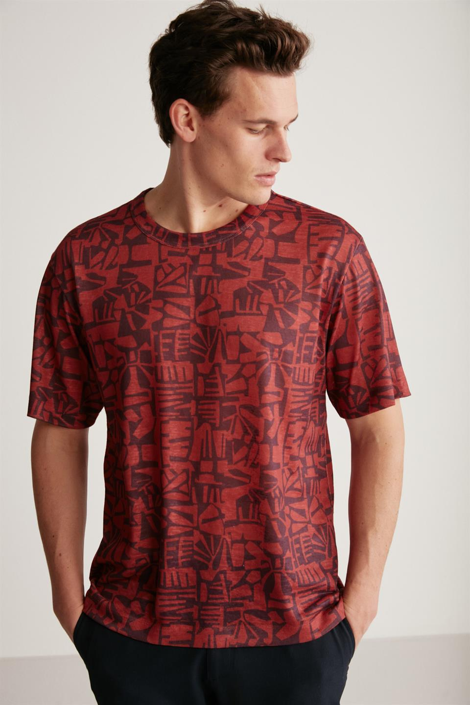 LUCAS Örme Regular Bordo - Desenli Tekli T-Shirt