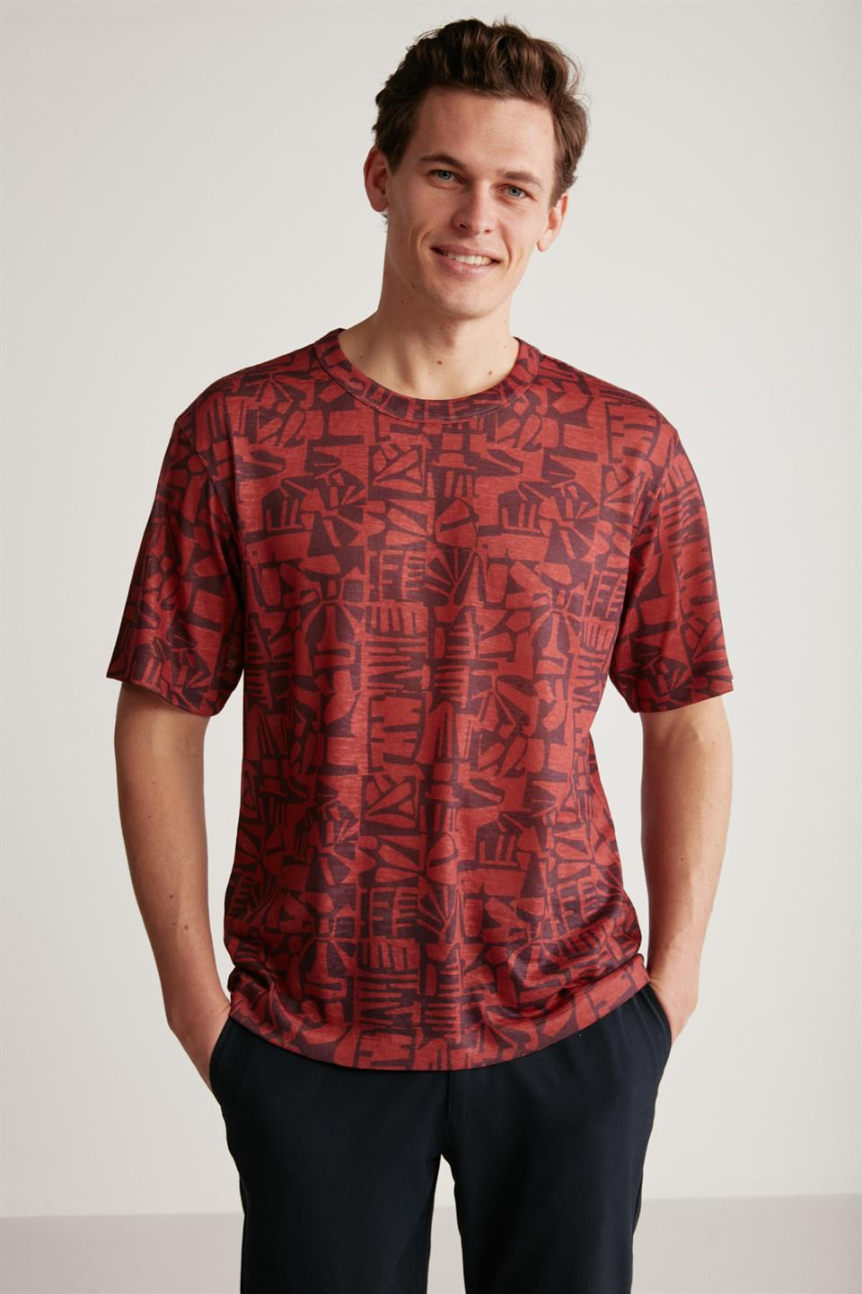 LUCAS Örme Regular Bordo - Desenli Tekli T-Shirt