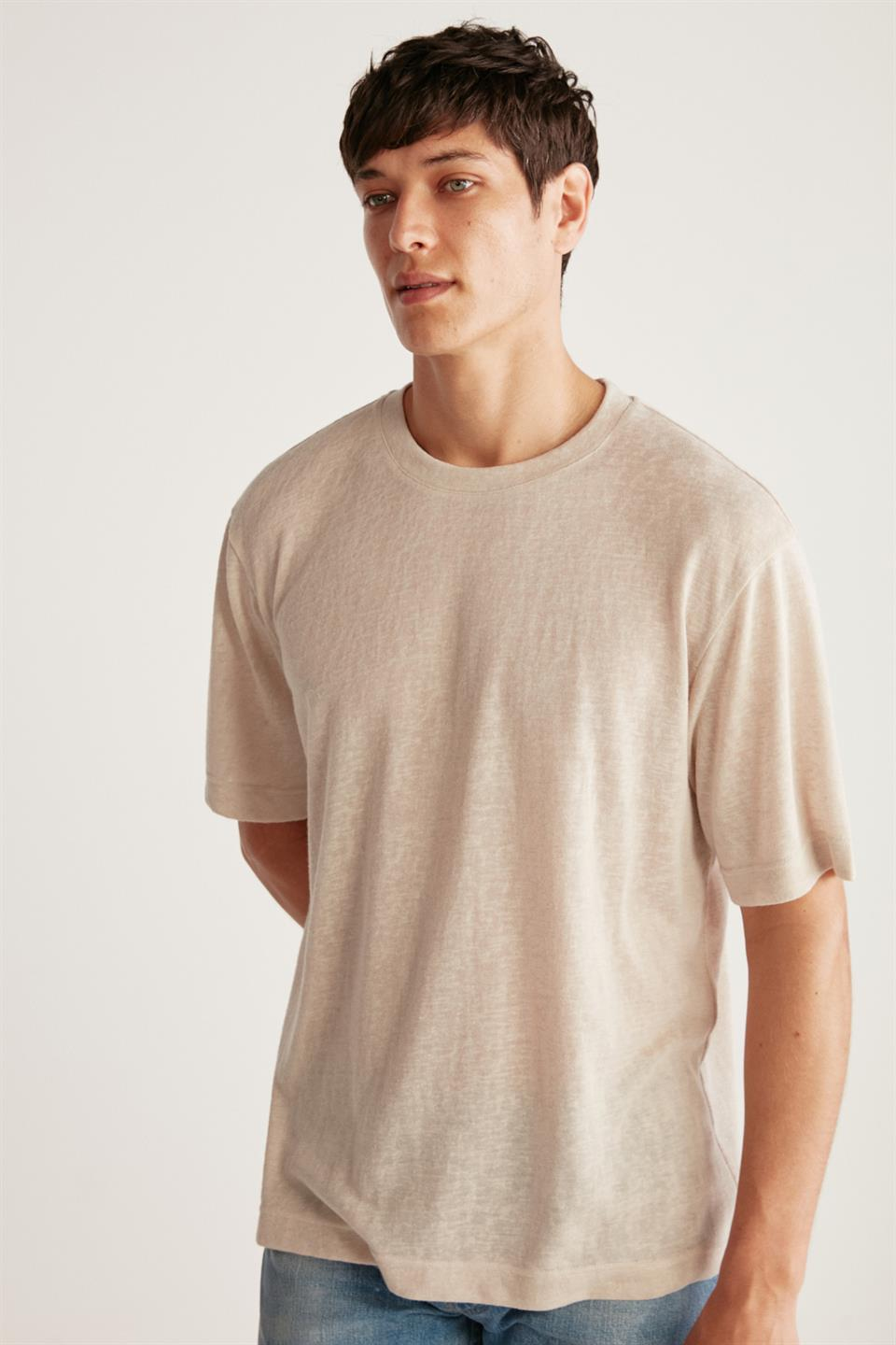 LUCAS Örme Regular Ekru Tekli T-Shirt