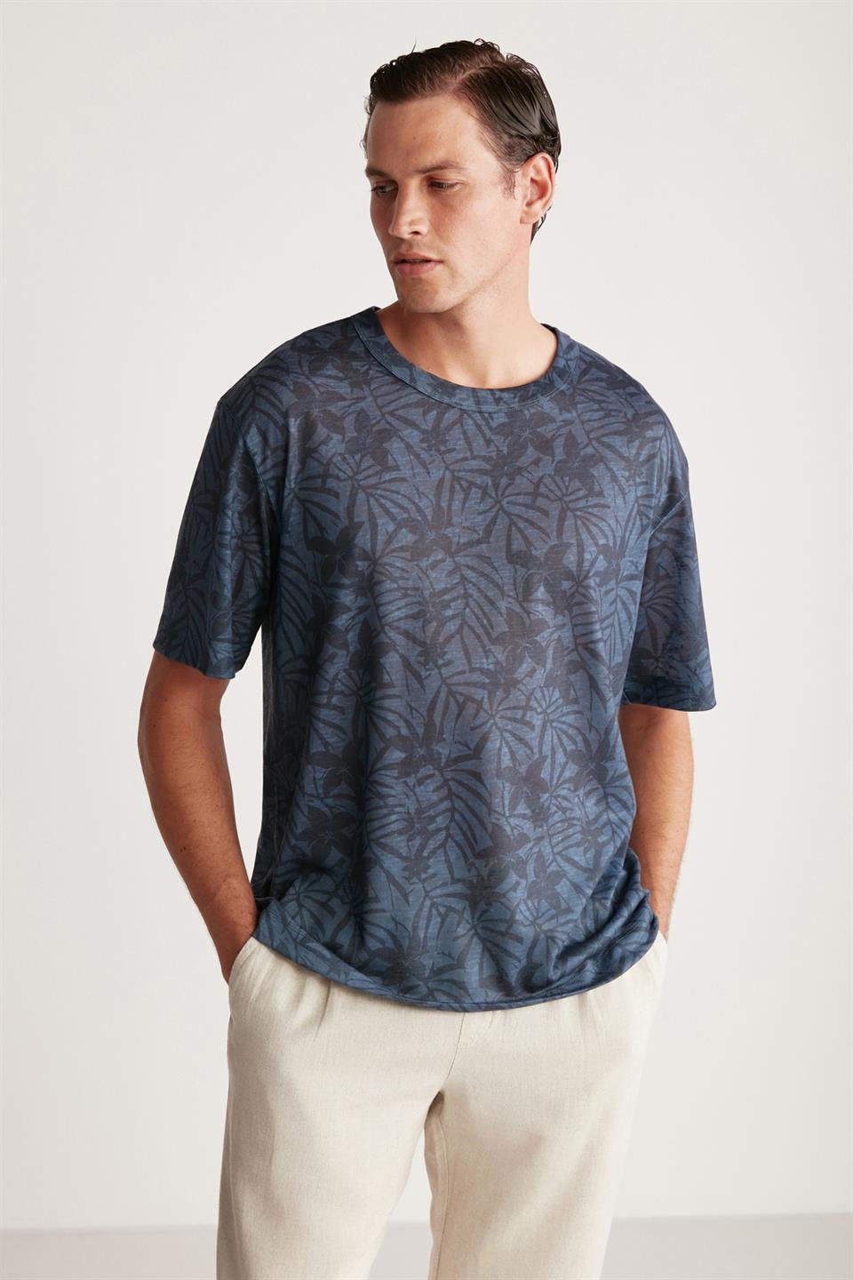 LUCAS Örme Regular Lacivert - Desenli Tekli T-Shirt