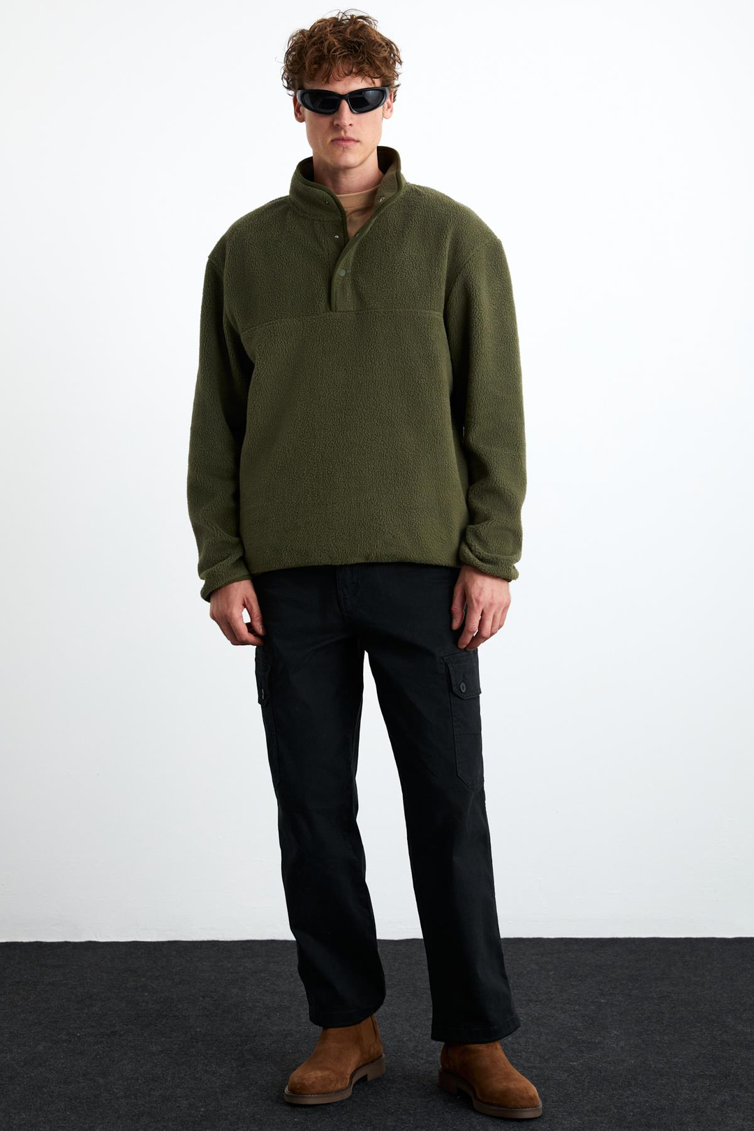 LUDOLF Erkek Pamuk Yarım Fermuarlı Polarlı Haki Sweatshirt