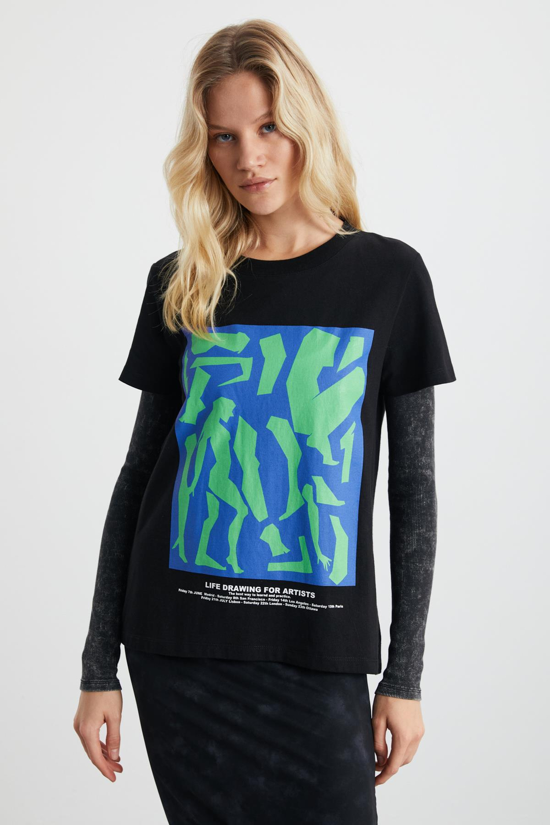 LUMI Kadın Baskılı Yuvarlak Yaka Kısa kollu Siyah T-Shirt