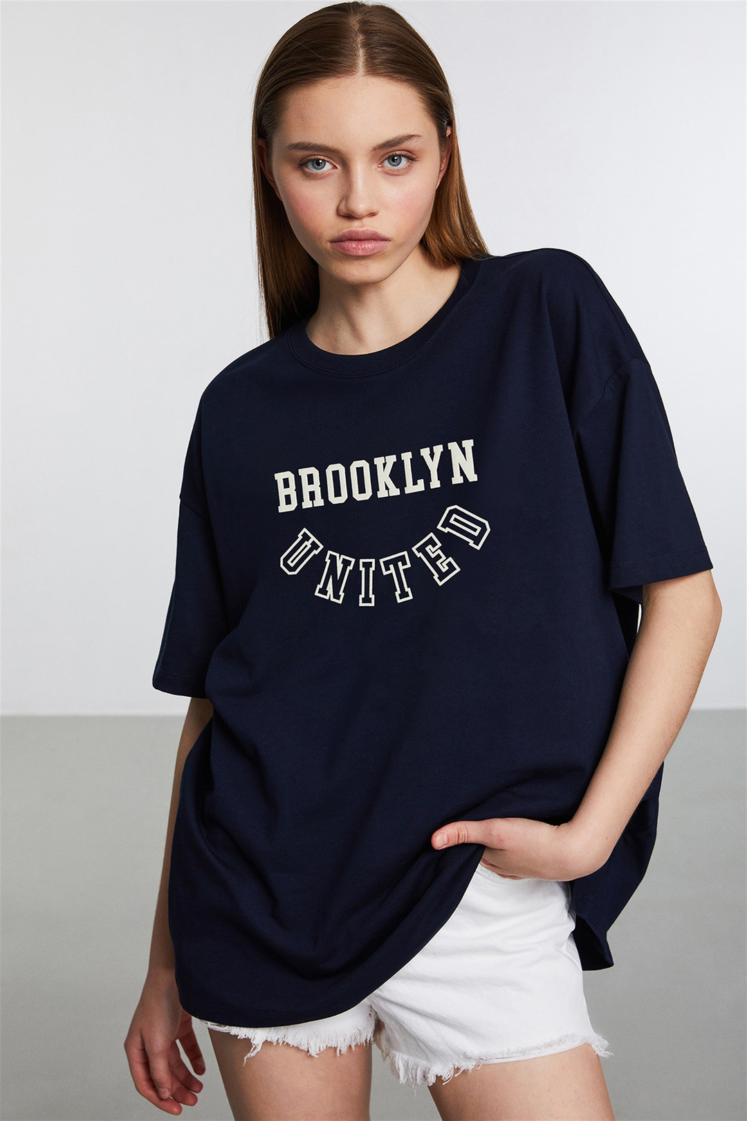 MALIBU Kadın Lacivert Baskılı Yuvarlak Yaka Oversize T-Shirt