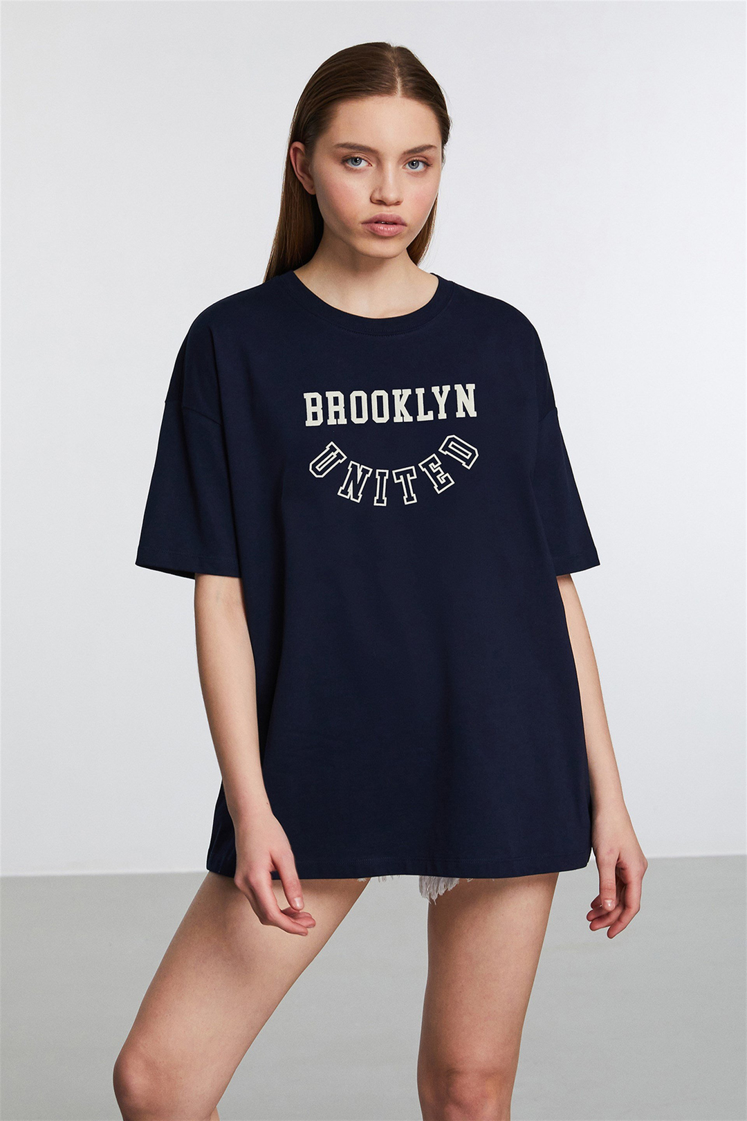 MALIBU Kadın Lacivert Baskılı Yuvarlak Yaka Oversize T-Shirt