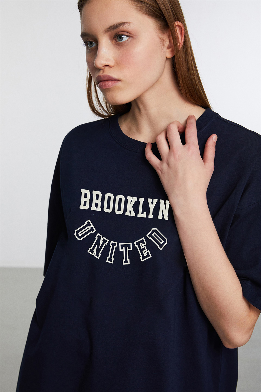 MALIBU Kadın Lacivert Baskılı Yuvarlak Yaka Oversize T-Shirt