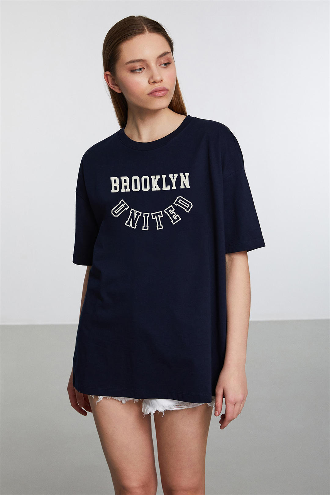 MALIBU Kadın Lacivert Baskılı Yuvarlak Yaka Oversize T-Shirt