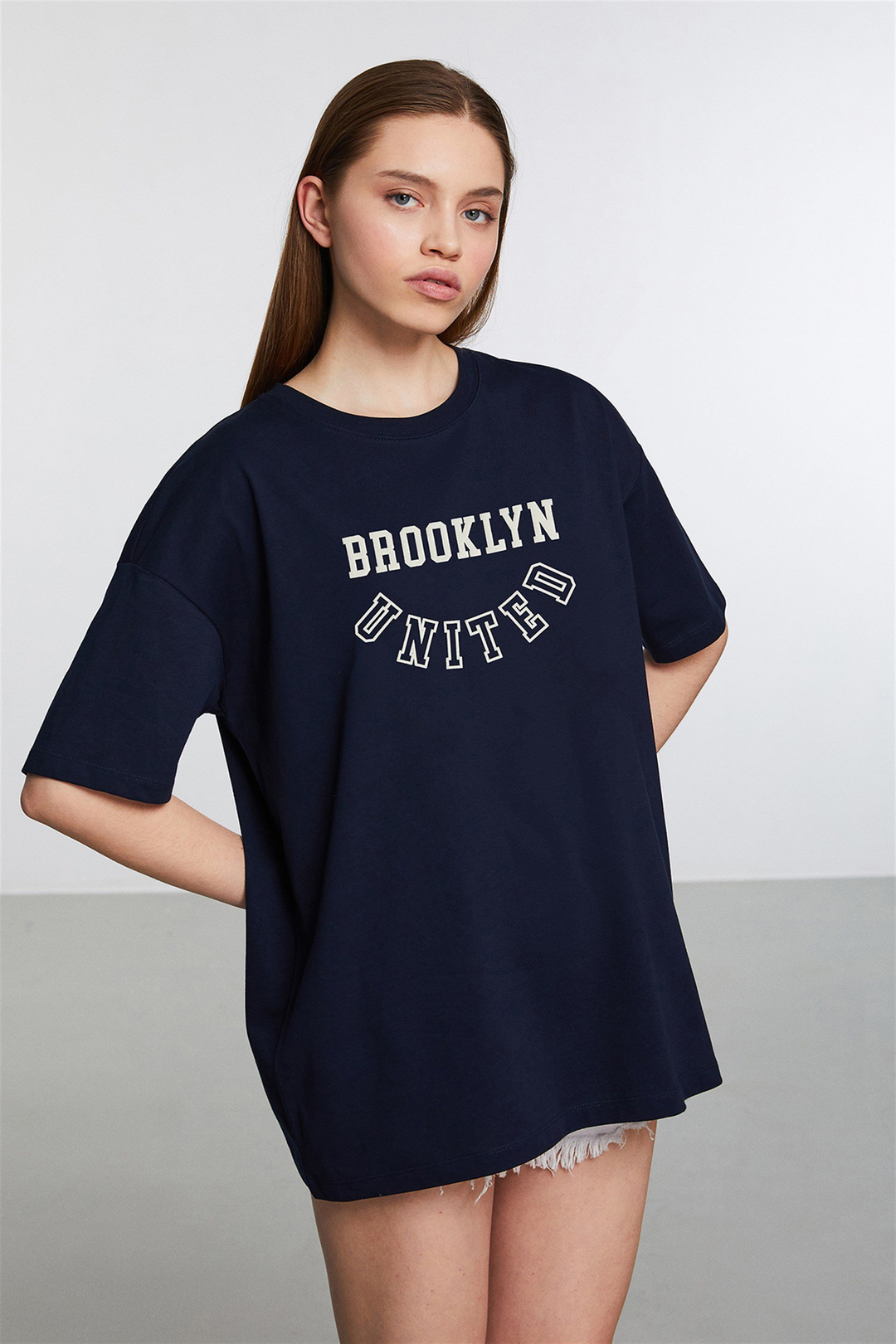 MALIBU Kadın Lacivert Baskılı Yuvarlak Yaka Oversize T-Shirt