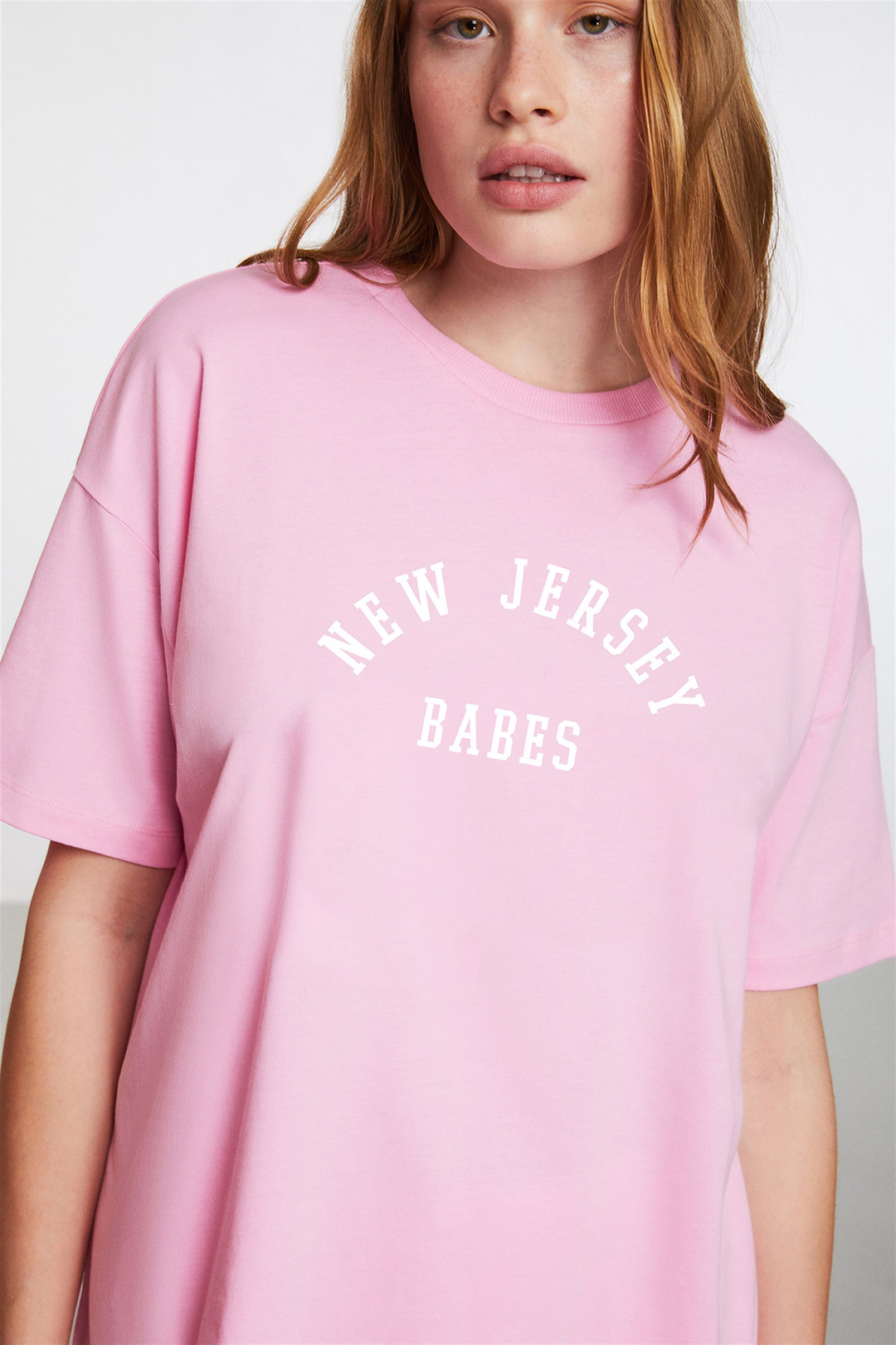 MALIBU Kadın Pembe Baskılı Yuvarlak Yaka Oversize T-Shirt