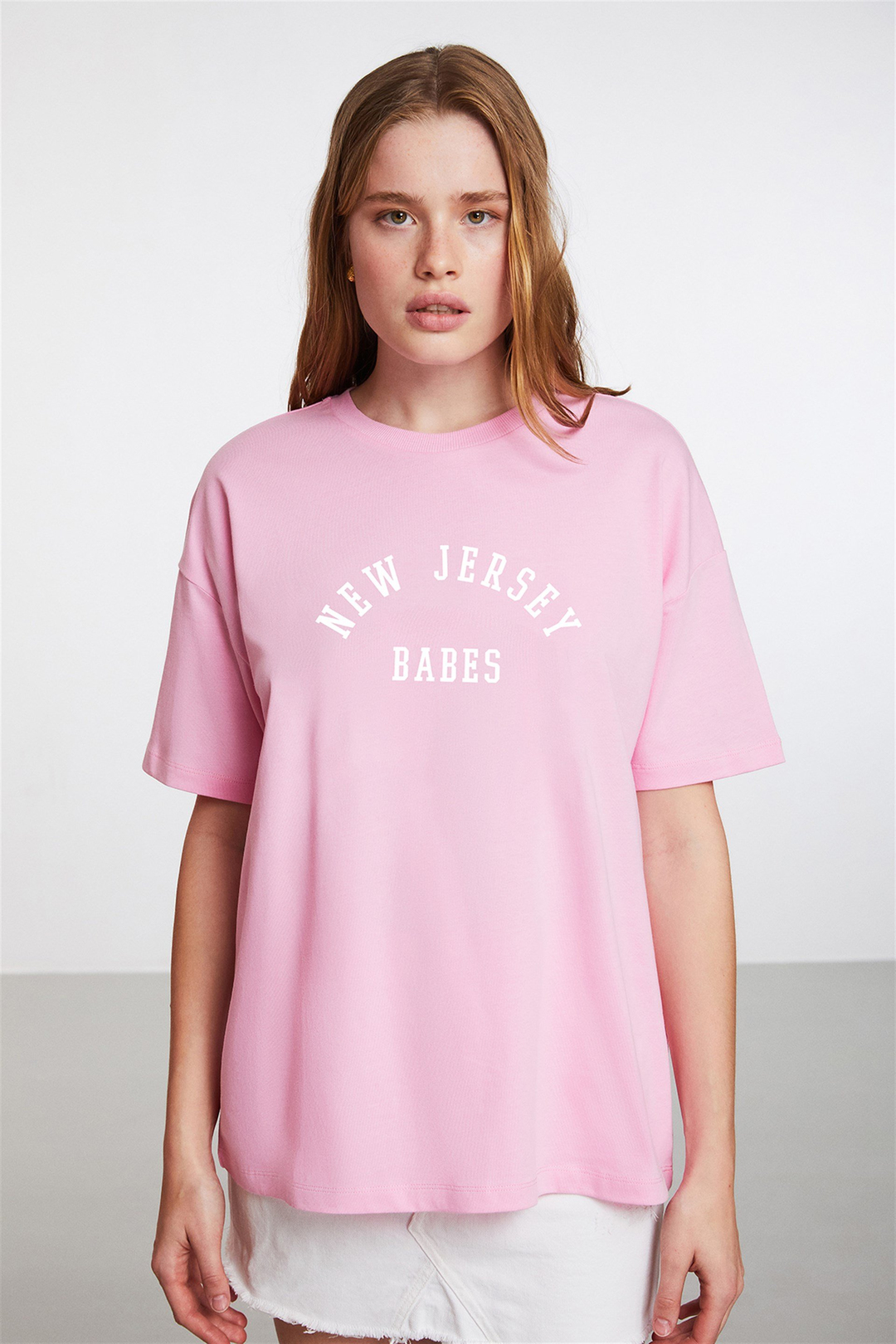 MALIBU Kadın Pembe Baskılı Yuvarlak Yaka Oversize T-Shirt