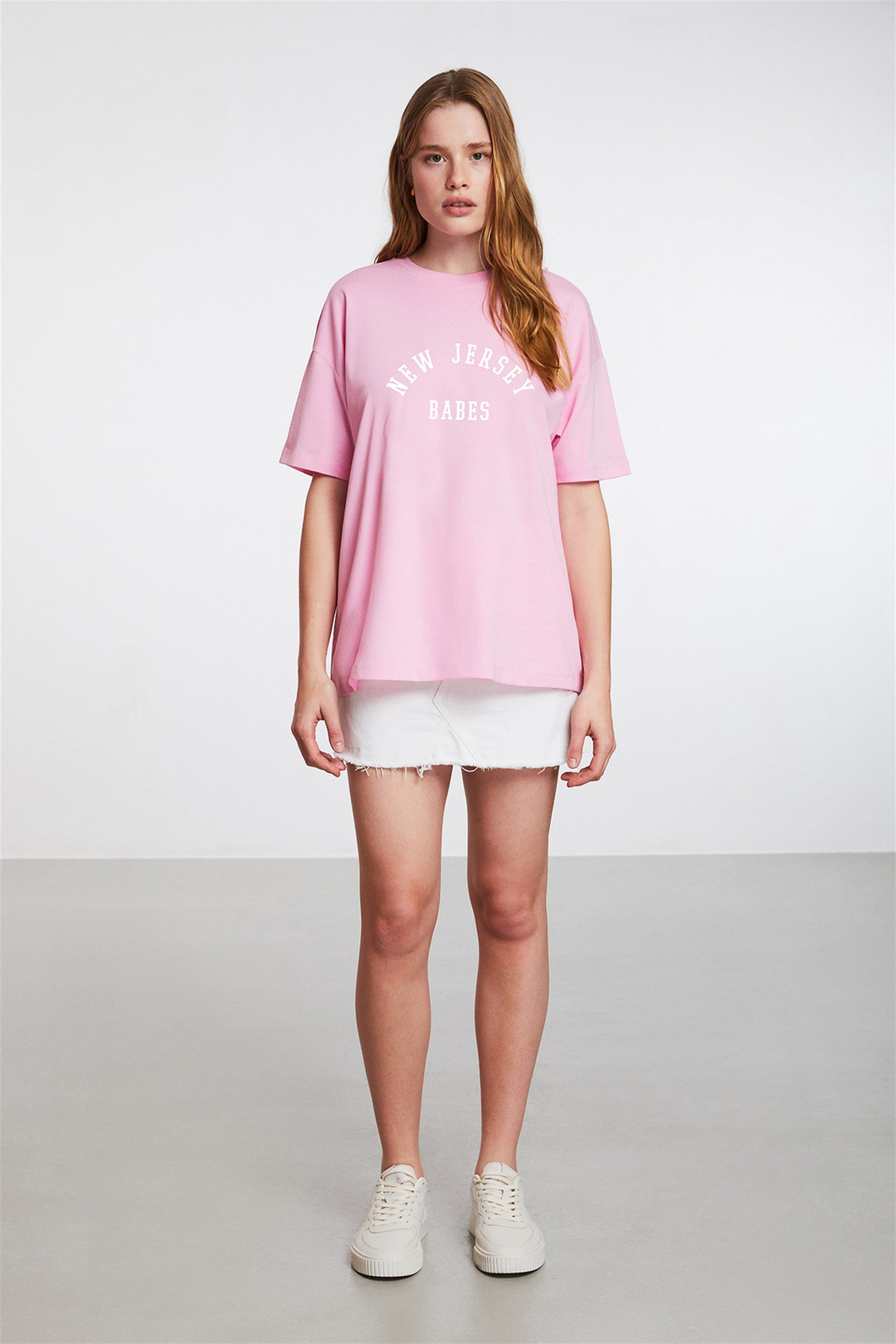 MALIBU Kadın Pembe Baskılı Yuvarlak Yaka Oversize T-Shirt